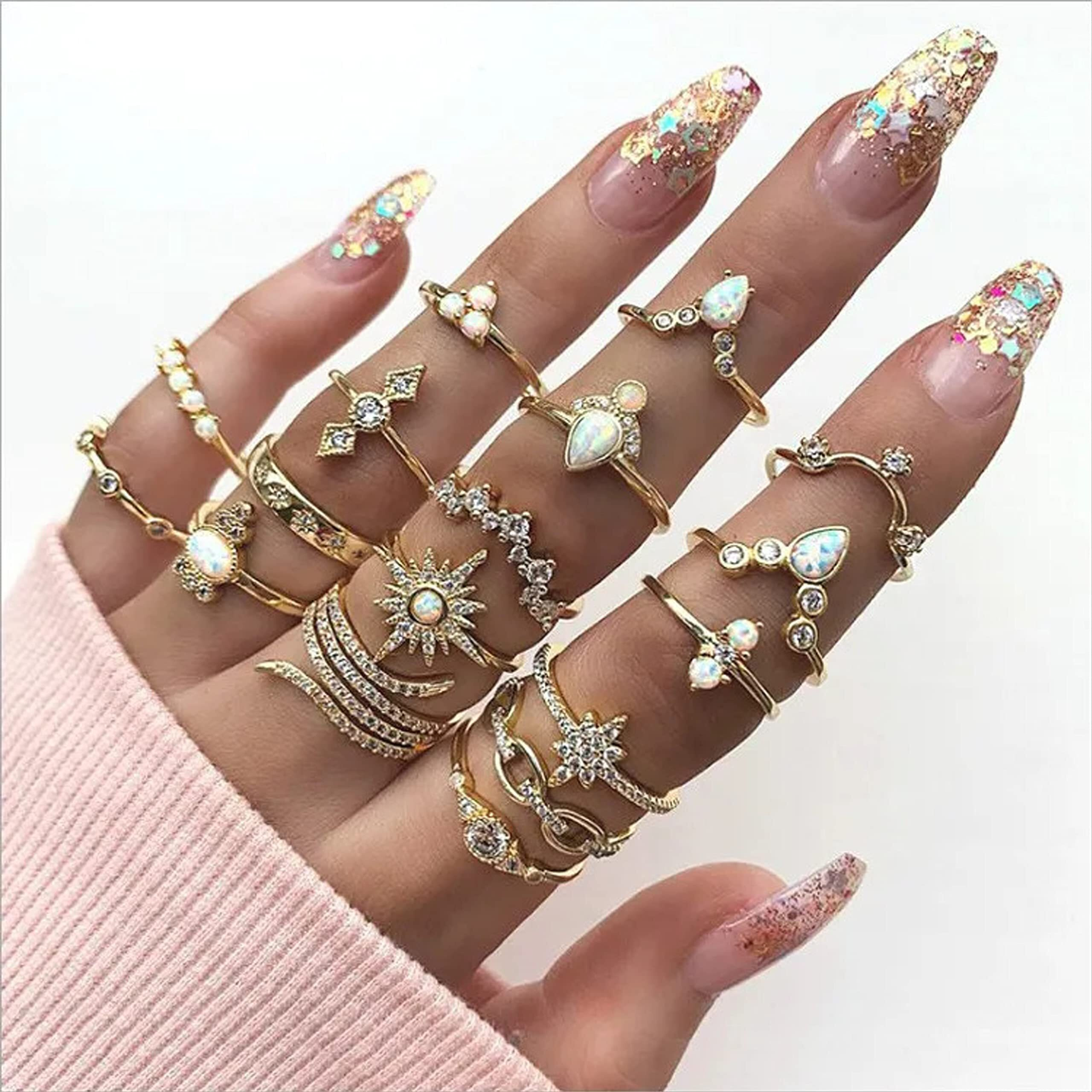 Fashion Frill Ring For Girls Golden Ring AD Studded Flower Star Designs Gold Plated Boho Ring Finger Ring Set For Women Girls Jewellery Combo Set