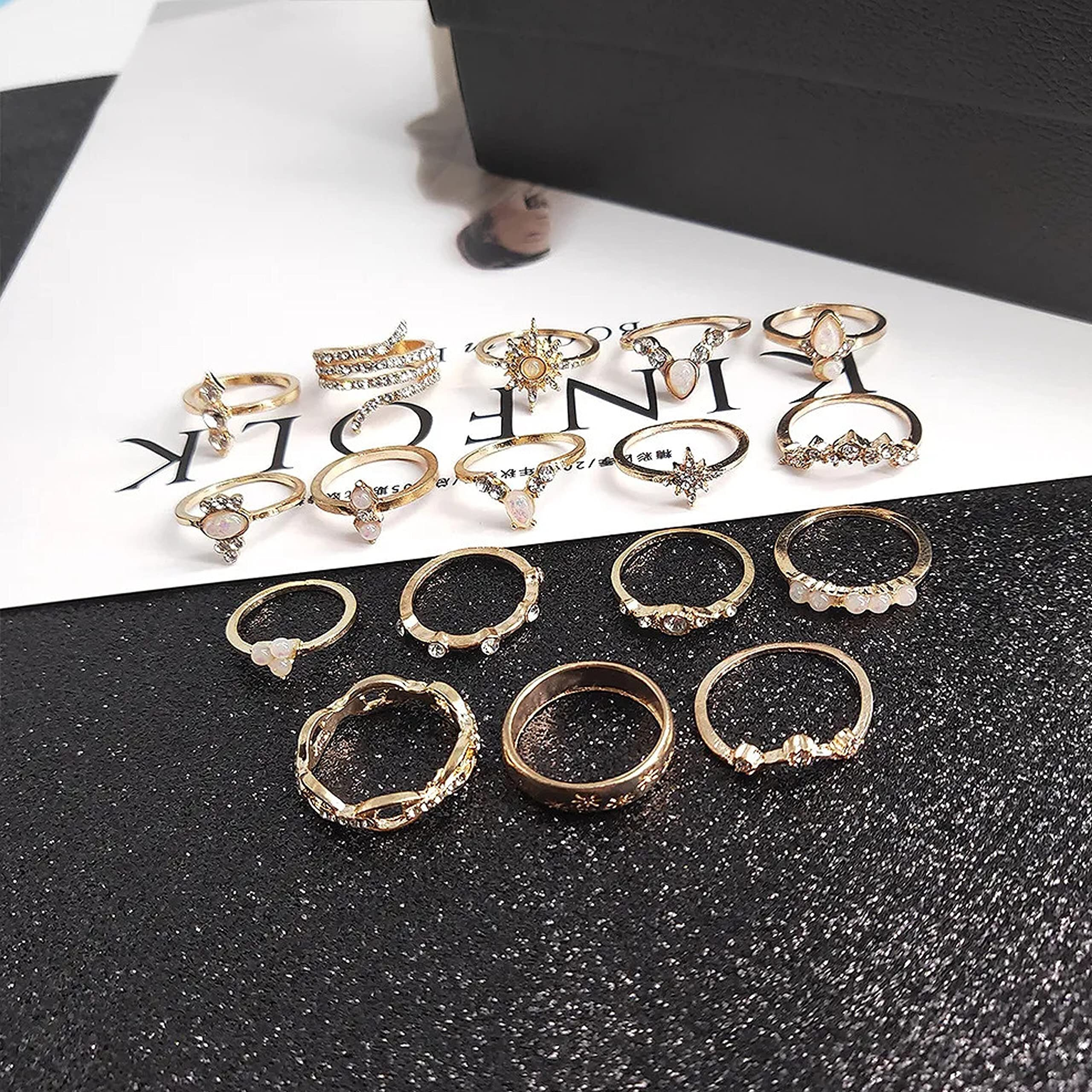 Fashion Frill Ring For Girls Golden Ring AD Studded Flower Star Designs Gold Plated Boho Ring Finger Ring Set For Women Girls Jewellery Combo Set
