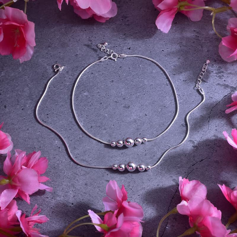 DHRUVS COLLECTION 925 Pure Silver 5 Moving Ball Threaded Snake Pattern Anklet (Payal) in Pure 92.5 Pure Sterling Silver for Girls & Women