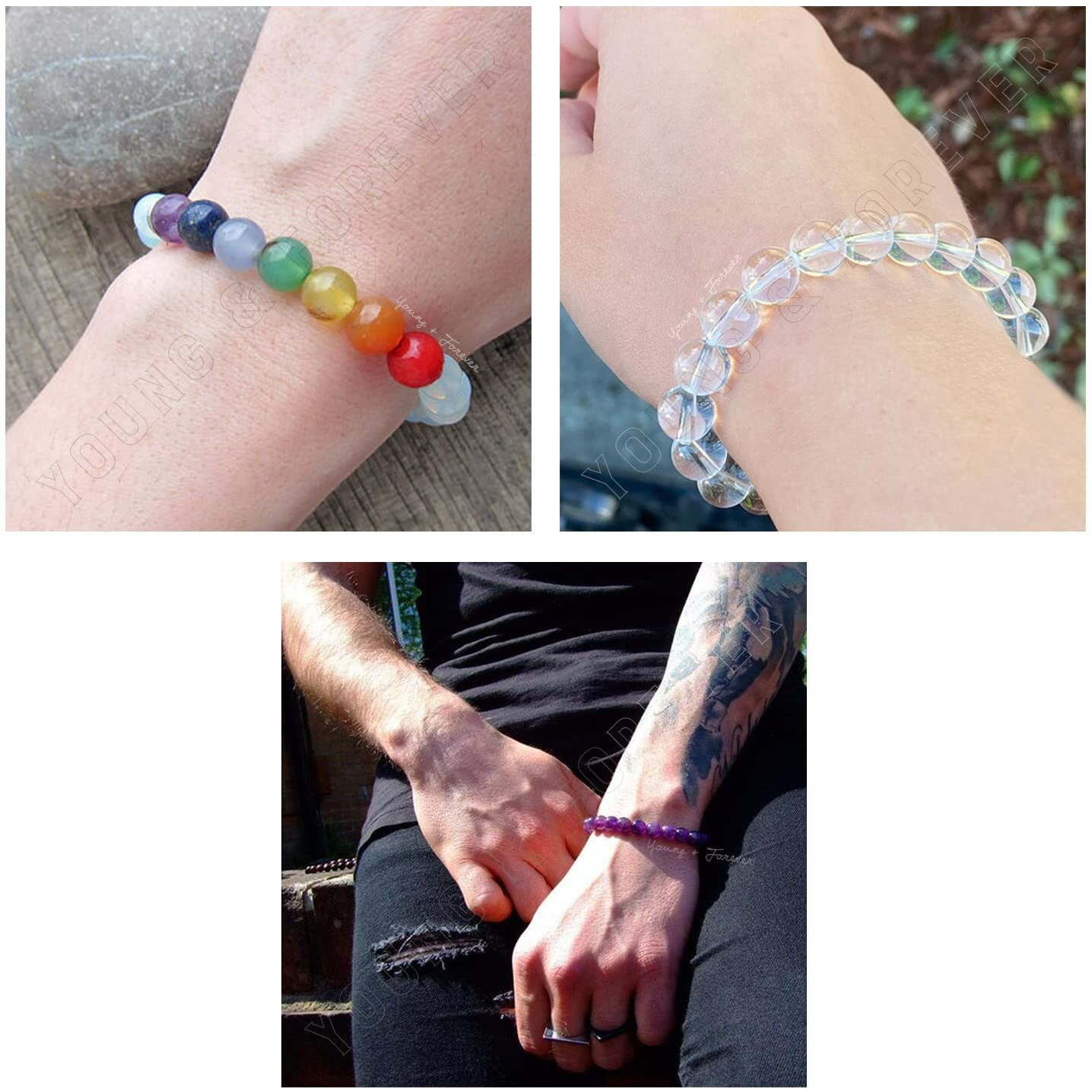 Young & Forever Gift Dvine Spiritual Natural Semi-Precious Amethyst Clear Quartz 7 chakra Reiki Bracelet for Men and Women Set of 3