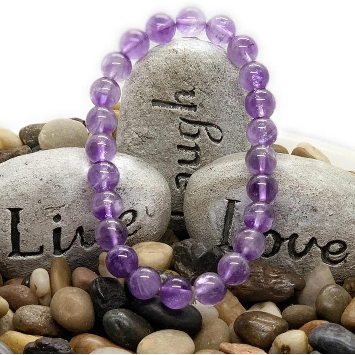 Young & Forever Gift Dvine Spiritual Natural Semi-Precious Amethyst Clear Quartz 7 chakra Reiki Bracelet for Men and Women Set of 3
