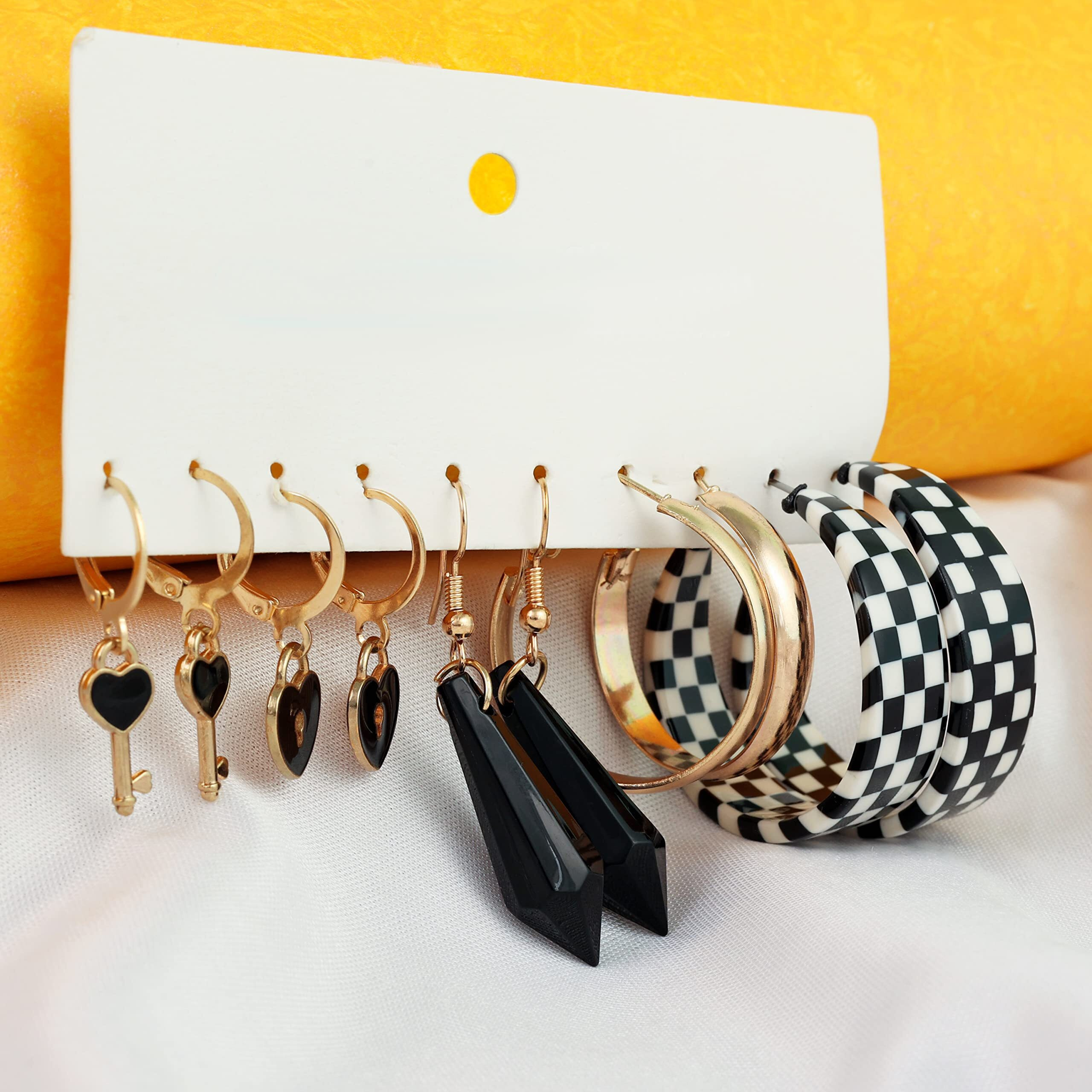 Fashion Frill Delicate Earrings For Women Geometric Key Gold Plated Black & White Drop Earrings For Women Girls Western Earrings Gift For Sister Earrings Set Combo