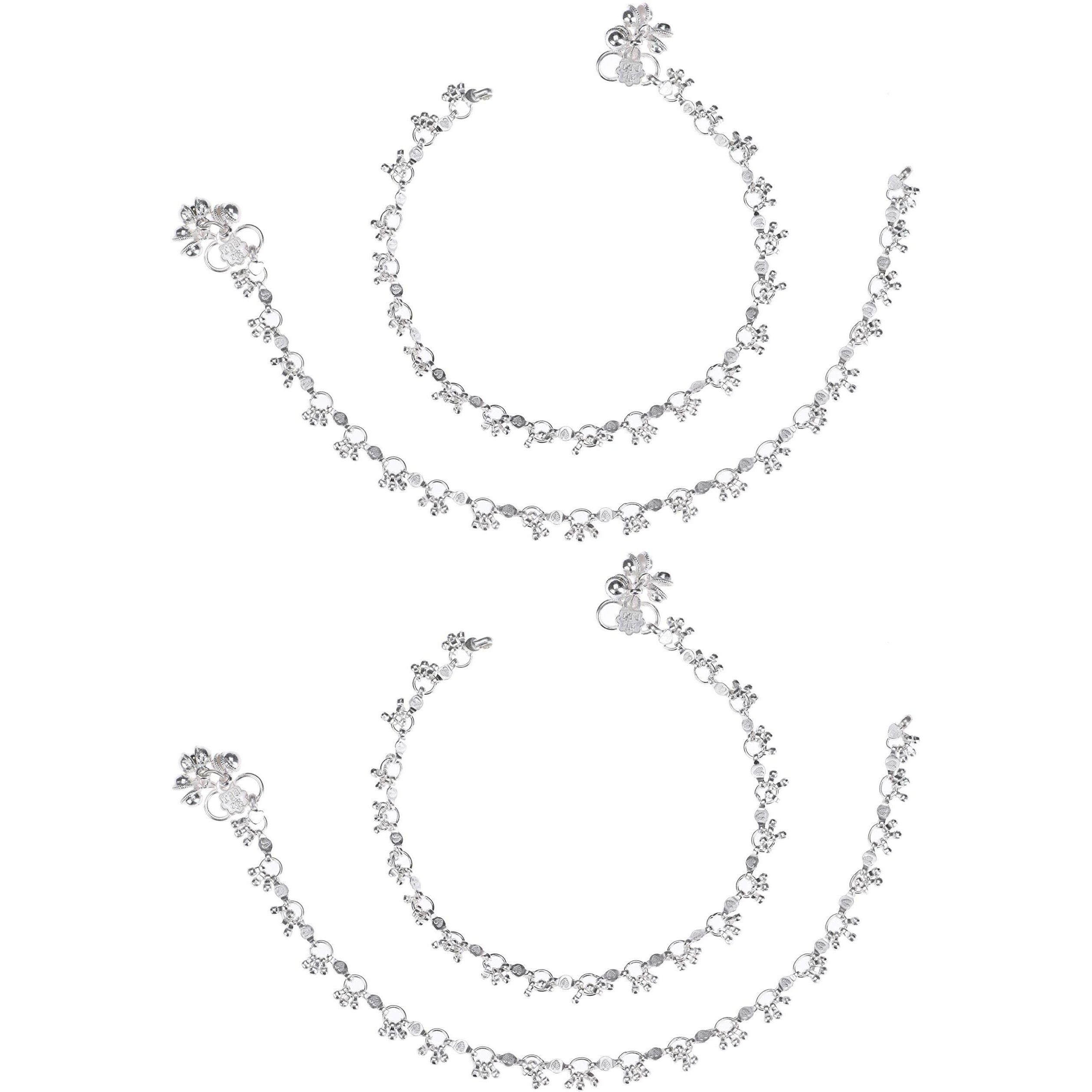 AanyaCentric Pack of 2 Pair Indian Traditional Ethnic White Metal Anklet Pair Silver Leg Bracelet For Women Payal Girls Kolusu