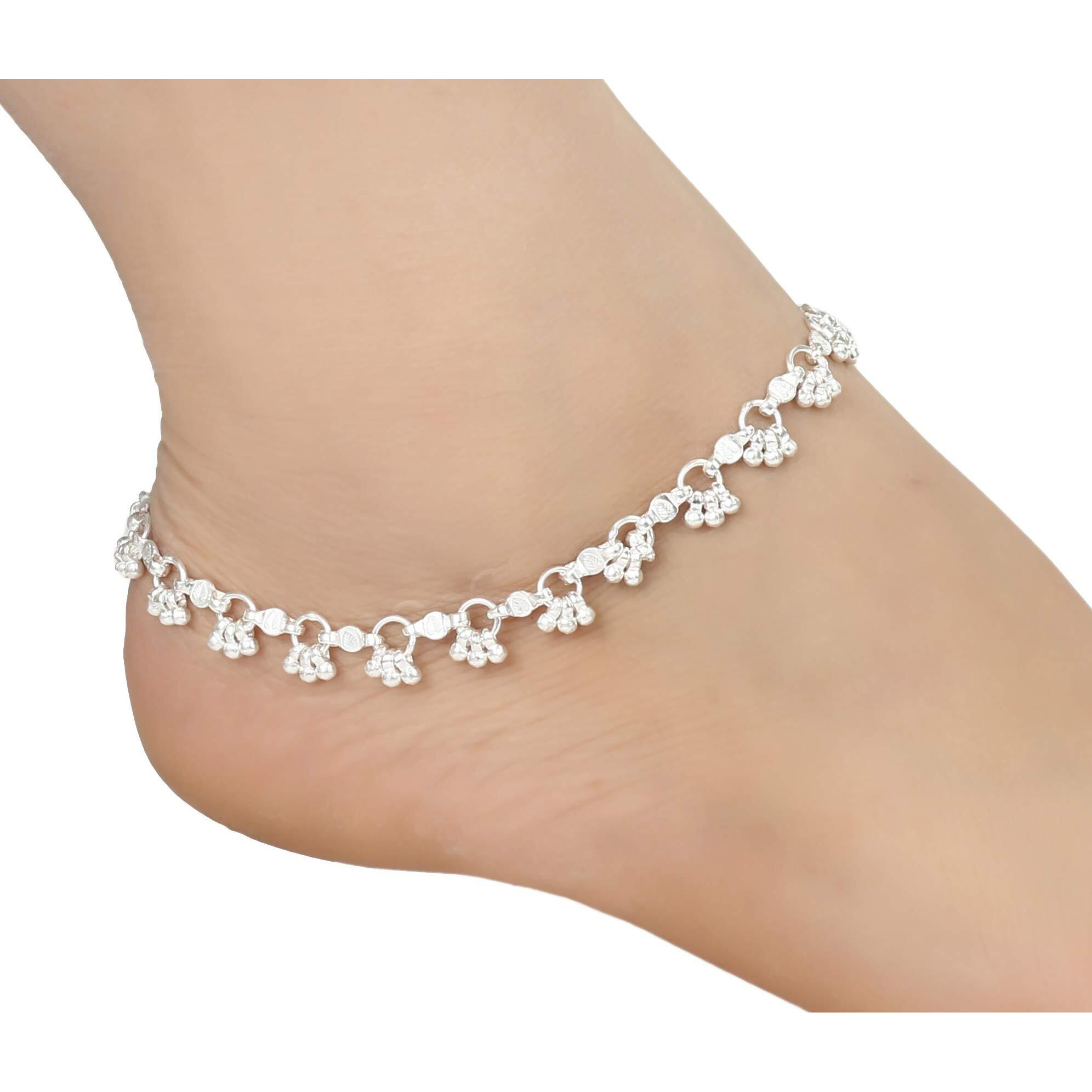 AanyaCentric Pack of 2 Pair Indian Traditional Ethnic White Metal Anklet Pair Silver Leg Bracelet For Women Payal Girls Kolusu