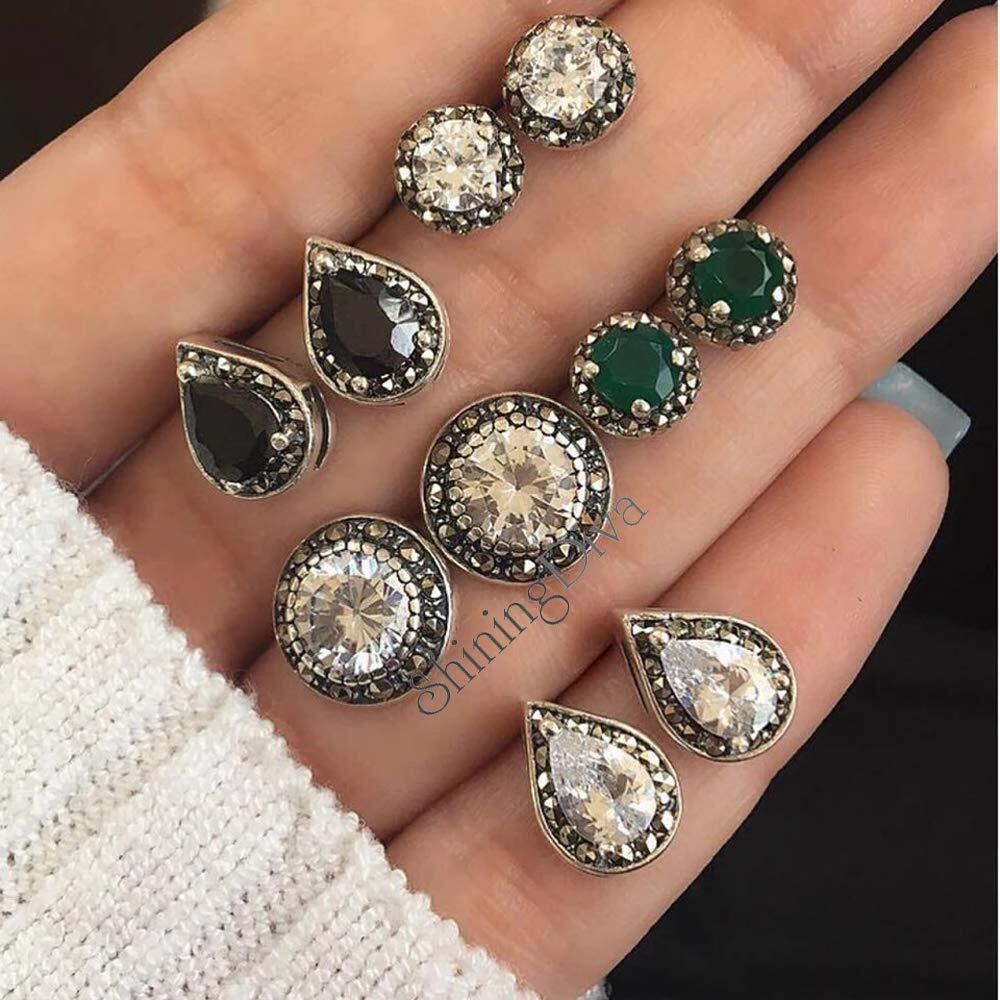 Shining Diva Fashion 5 Pairs Combo Stylish Oxidized Silver Stud Earrings for Women (Multi-Colour)(9926er)