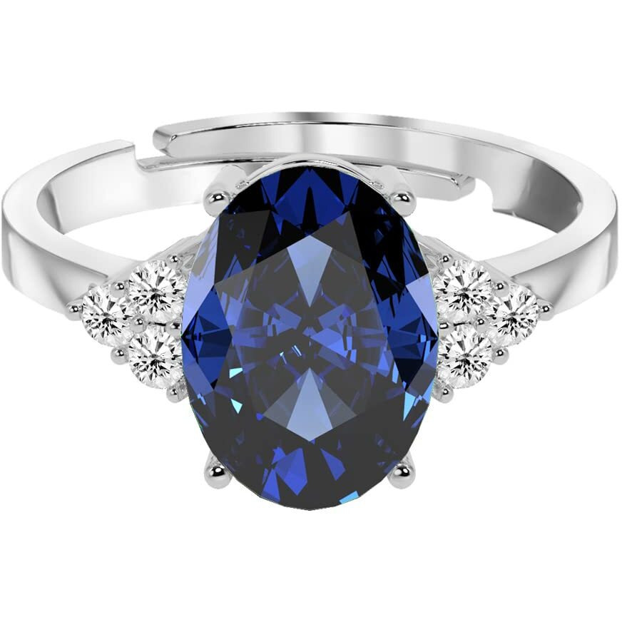 Clara 925 Sterling Silver Royal Blue Oval Ring with Adjustable Band | Rhodium Plated, Swiss Zirconia | Gift for Women & Girls