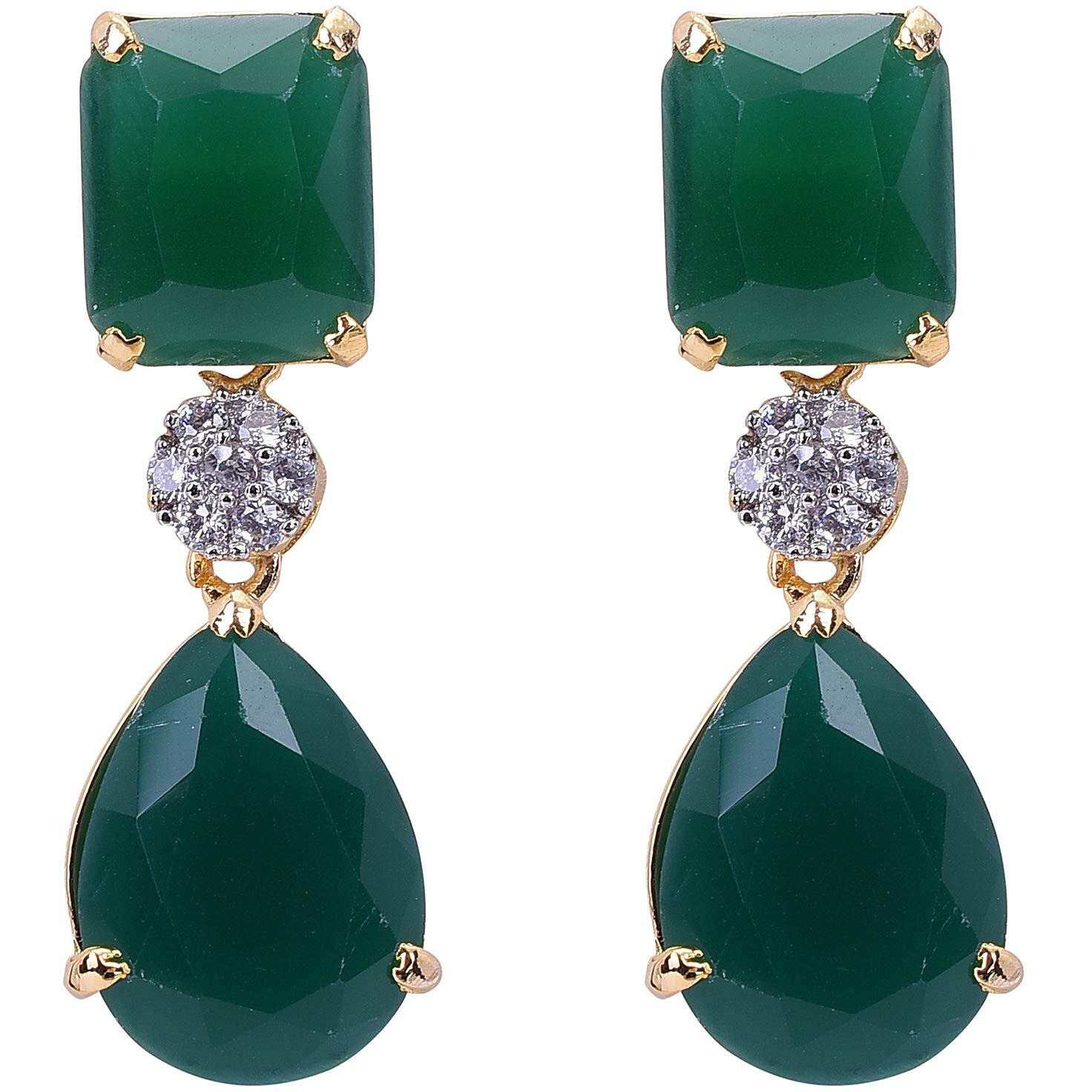 Ratnavali Jewels Brass American Diamond Gold Plated Bold Stunning Green White Earrings Dangle Drop for Women (RV3205G)