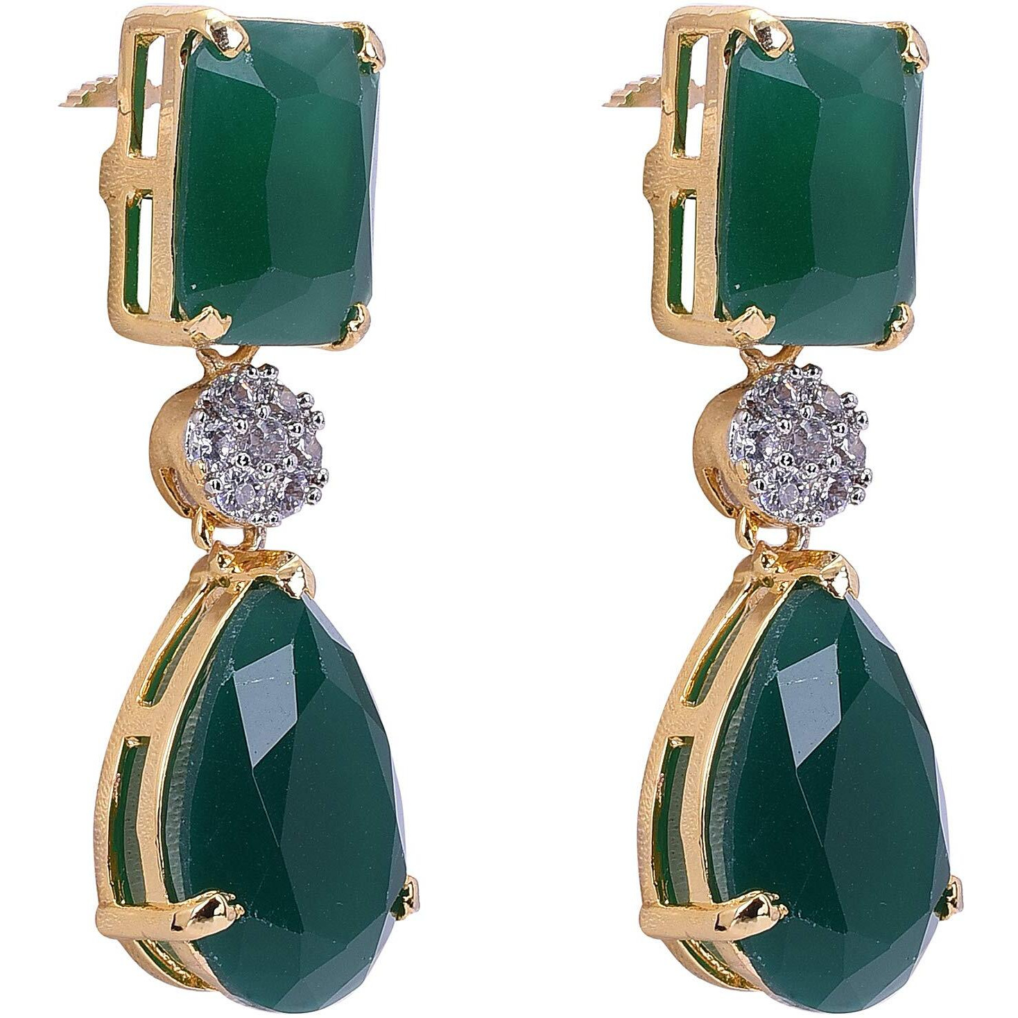 Ratnavali Jewels Brass American Diamond Gold Plated Bold Stunning Green White Earrings Dangle Drop for Women (RV3205G)