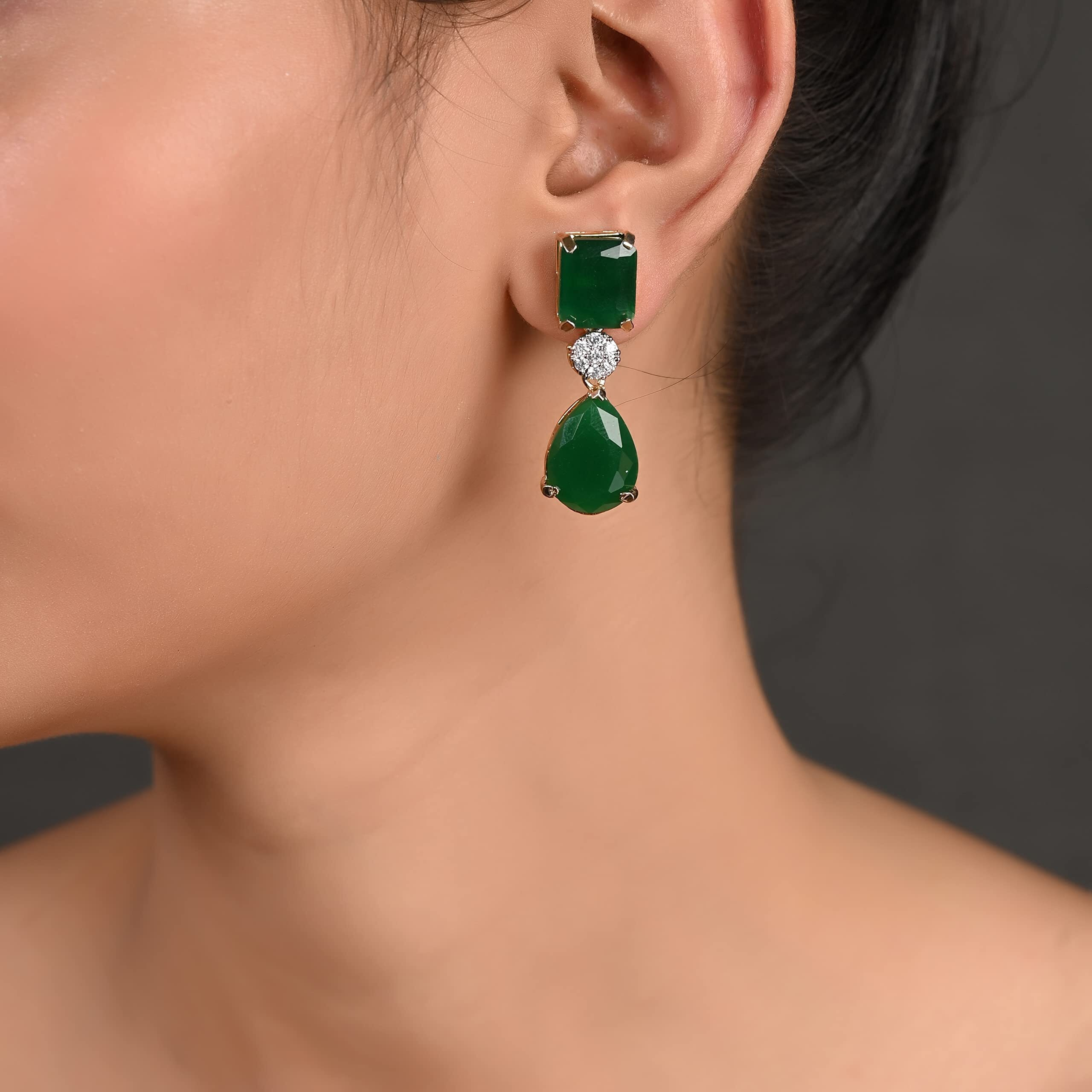 Ratnavali Jewels Brass American Diamond Gold Plated Bold Stunning Green White Earrings Dangle Drop for Women (RV3205G)