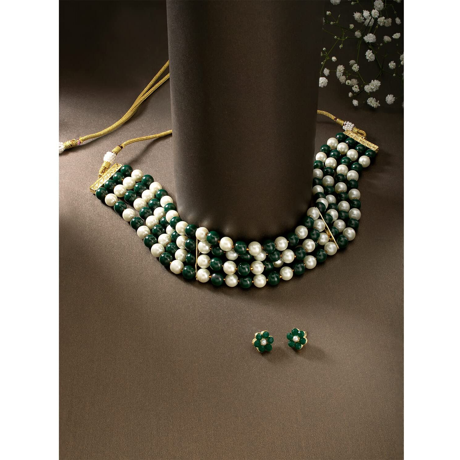 Peora Faux Pearl Beaded Choker Necklace with Stud Earrings Traditional Jewellery Set For Women & Girls (Green White)