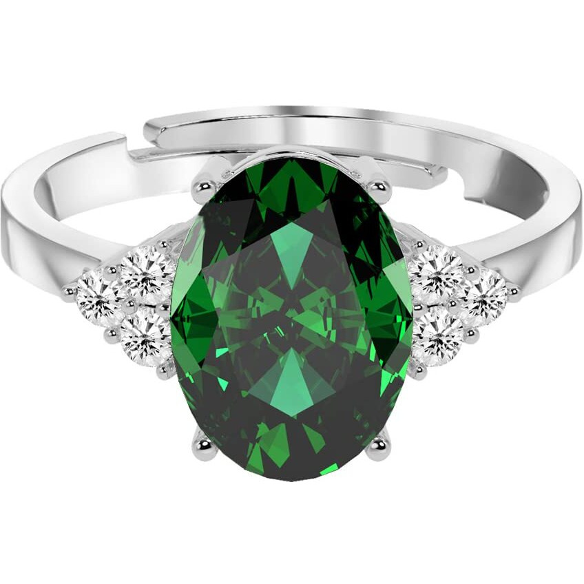 Clara 925 Sterling Silver Dark Green Oval Ring with Adjustable Band | Rhodium Plated, Swiss Zirconia | Gift for Women & Girls