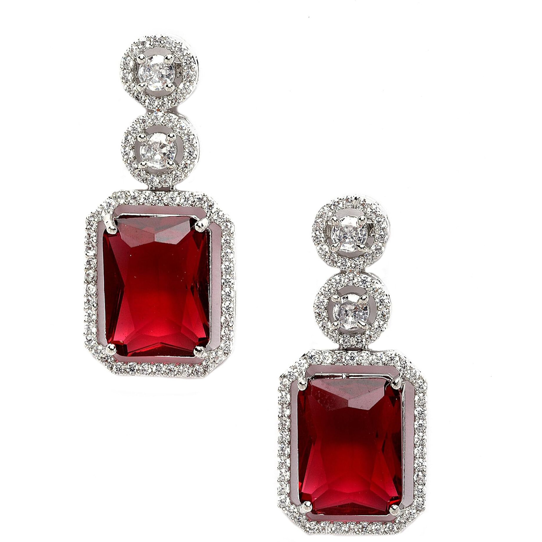 ZENEME Oxidised Silver-Plated American Diamond studded Oval Shaped Drop Earrings Jewellery For Girls and Women (Red_Design_03)