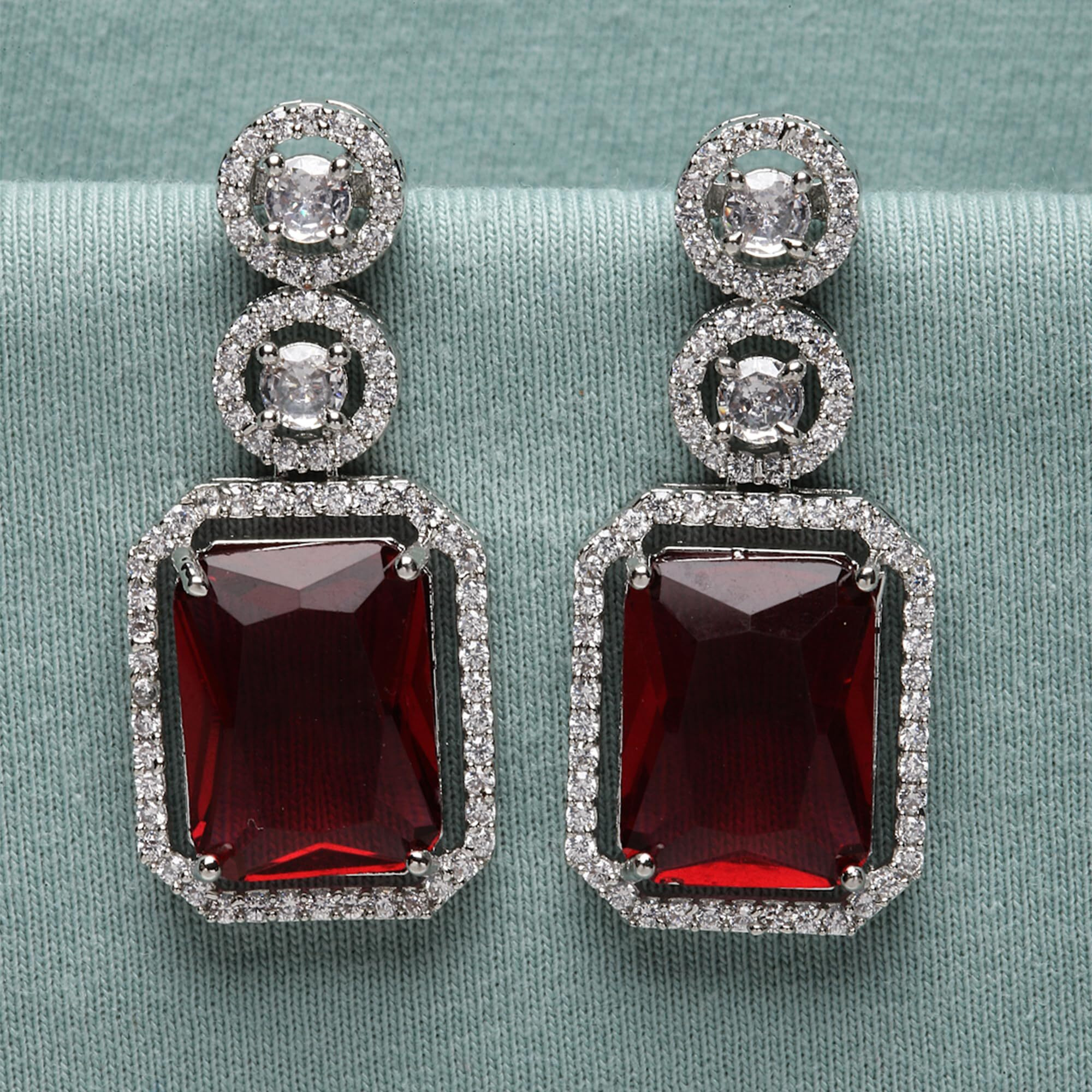 ZENEME Oxidised Silver-Plated American Diamond studded Oval Shaped Drop Earrings Jewellery For Girls and Women (Red_Design_03)