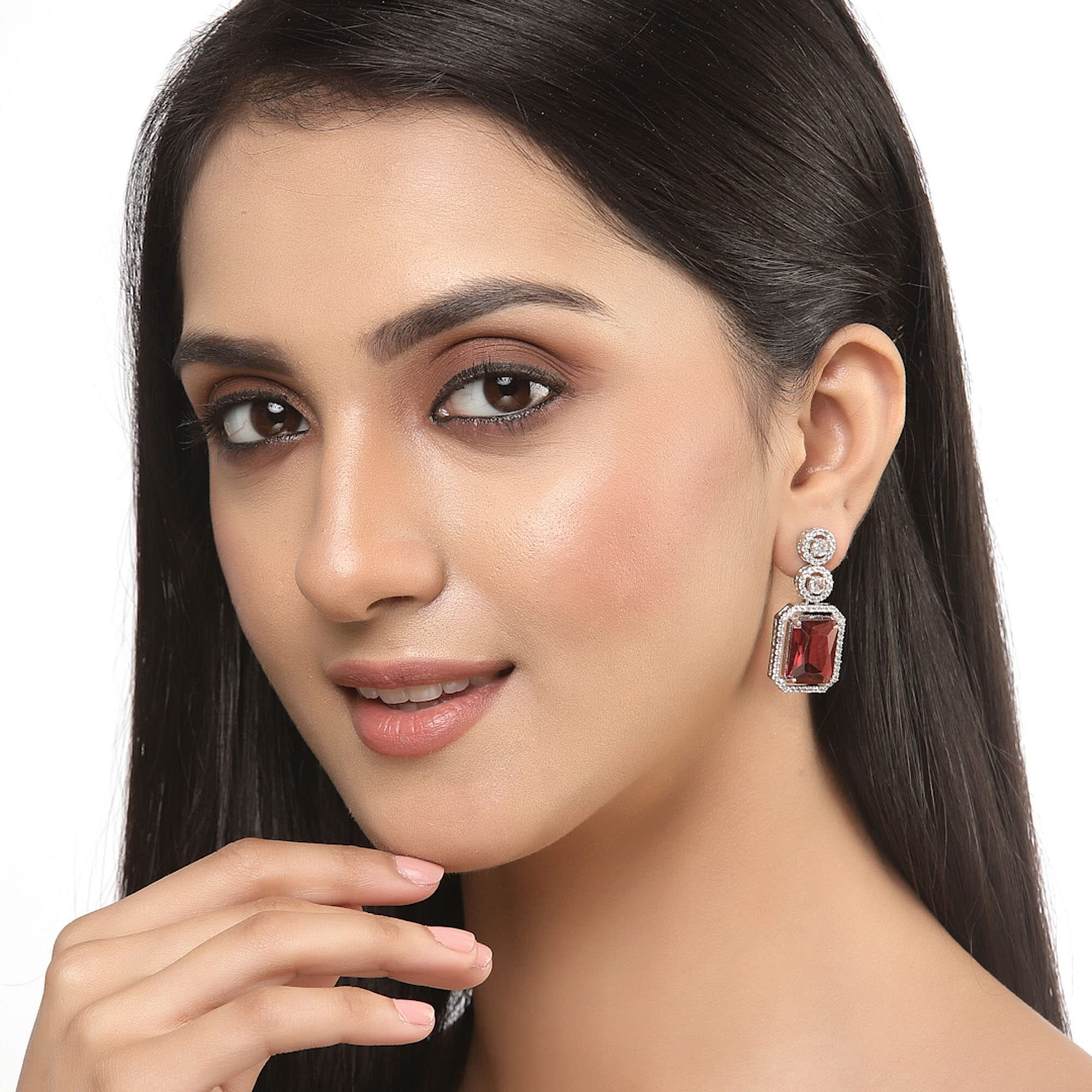 ZENEME Oxidised Silver-Plated American Diamond studded Oval Shaped Drop Earrings Jewellery For Girls and Women (Red_Design_03)