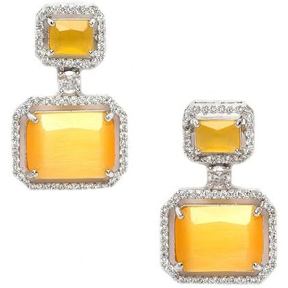 ZENEME Oxidised Silver-Plated American Diamond studded Oval Shaped Drop Earrings Jewellery For Girls and Women (Yellow_Design_02)