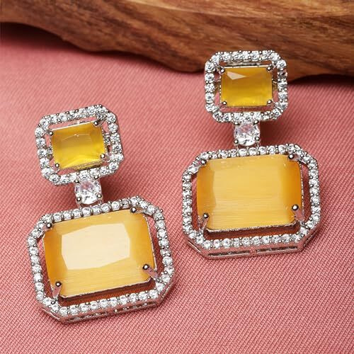 ZENEME Oxidised Silver-Plated American Diamond studded Oval Shaped Drop Earrings Jewellery For Girls and Women (Yellow_Design_02)