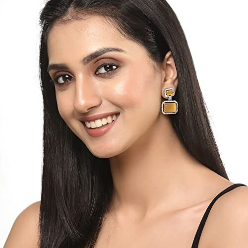 ZENEME Oxidised Silver-Plated American Diamond studded Oval Shaped Drop Earrings Jewellery For Girls and Women (Yellow_Design_02)