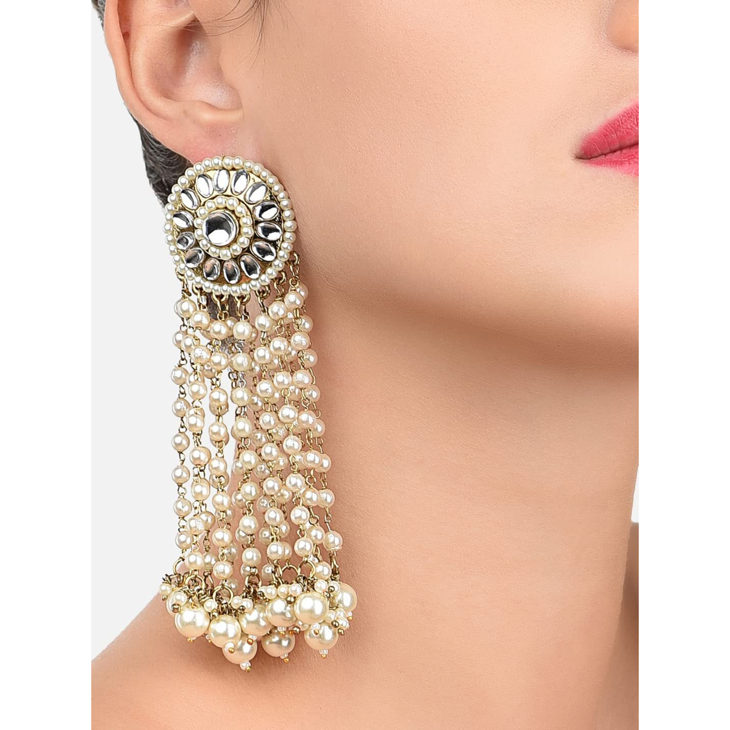 Zaveri Pearls Antique Gold Tone Kundan & Pearls Chain Fringe Dangle Earring For Women-ZPFK10136