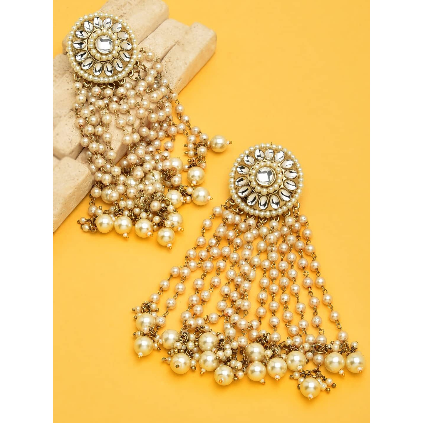 Zaveri Pearls Antique Gold Tone Kundan & Pearls Chain Fringe Dangle Earring For Women-ZPFK10136