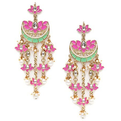 Karatcart Gold Plated Pink Meena Lotus Design Kundan Dangler Earrings for Women