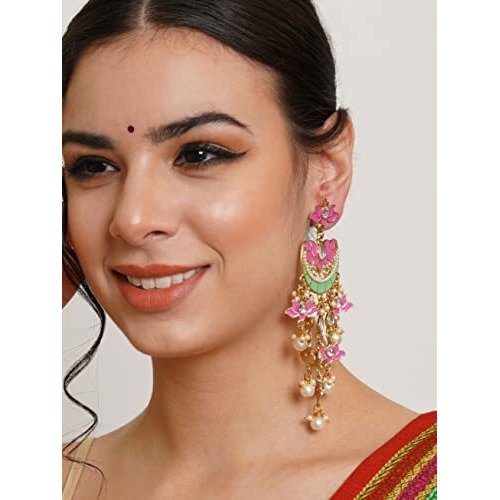 Karatcart Gold Plated Pink Meena Lotus Design Kundan Dangler Earrings for Women