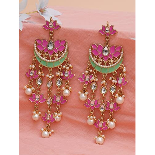 Karatcart Gold Plated Pink Meena Lotus Design Kundan Dangler Earrings for Women