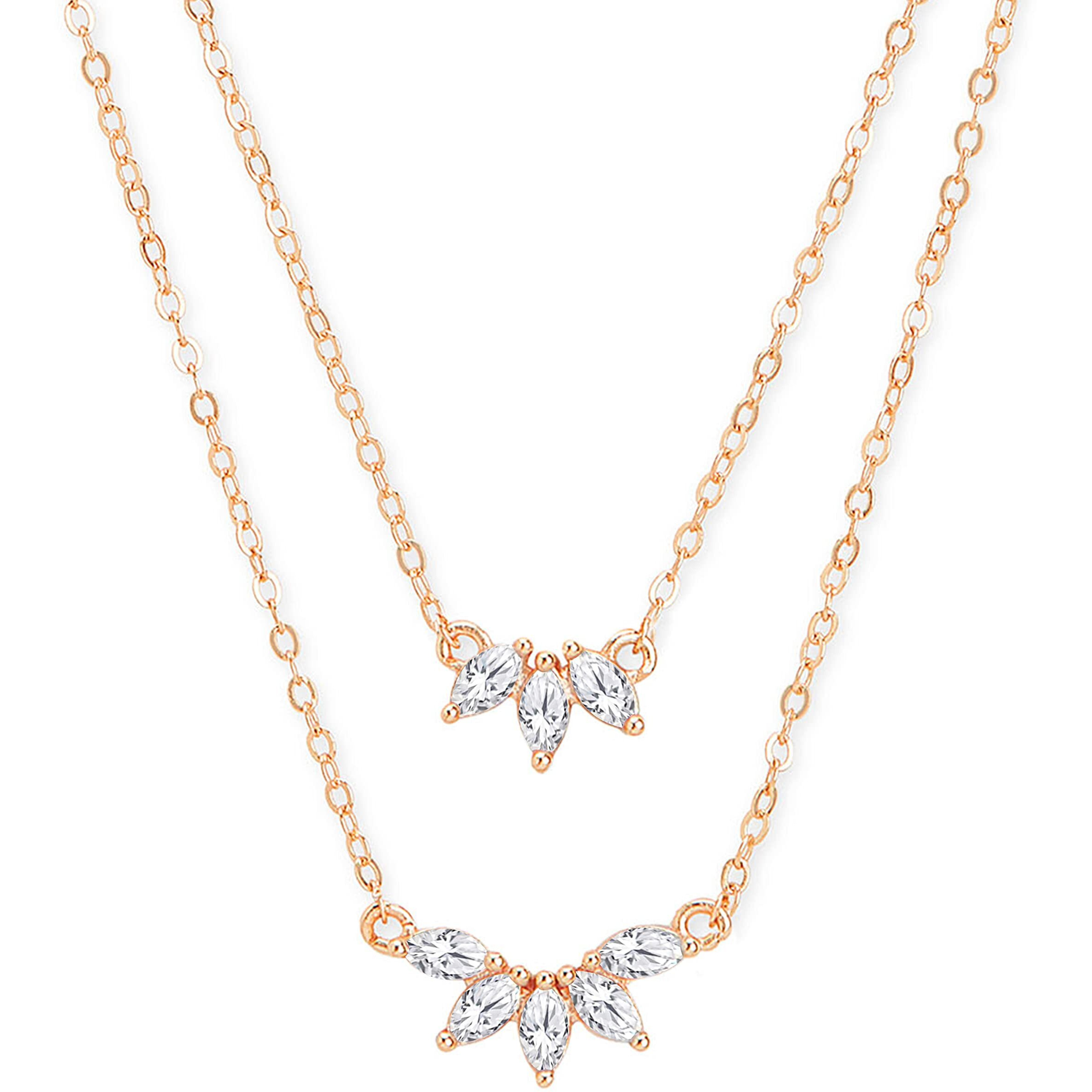 MINUTIAE Double Layered Chain Necklace With Flower Cut Diamond Pendant With Austrian Cubic Zirconia For Women And Girls With Extendable Chain (Rose Gold)