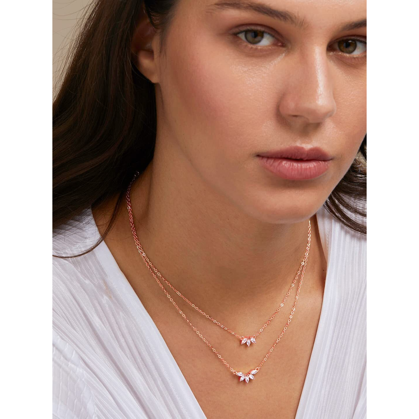 MINUTIAE Double Layered Chain Necklace With Flower Cut Diamond Pendant With Austrian Cubic Zirconia For Women And Girls With Extendable Chain (Rose Gold)
