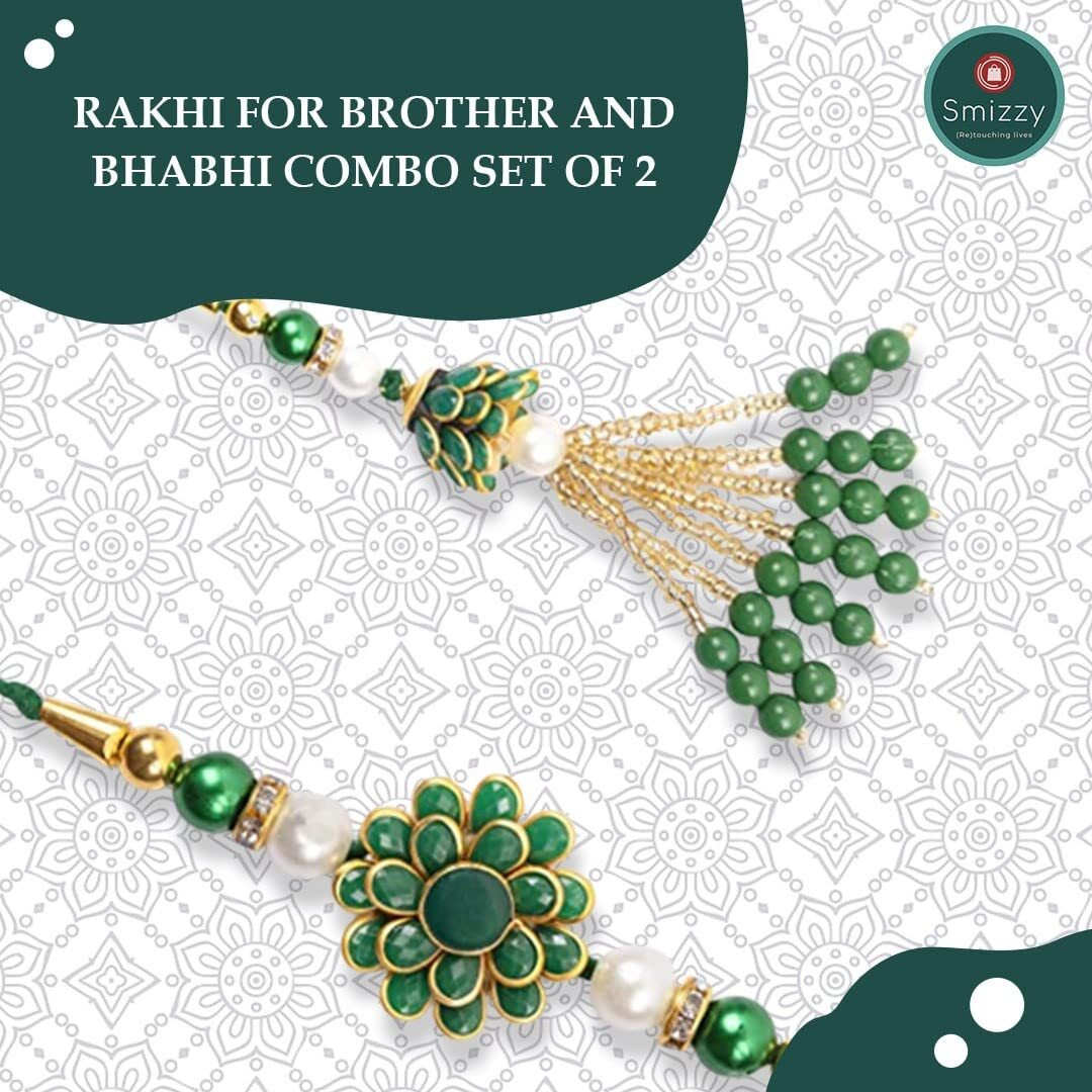 Kalakriti Unisex-Adult Rakhi For Brother And Bhabhi Combo Set Of 2 Lumba Bracelet For Bhabhi With Roli Chawal, Raksha Bandhan Greeting Card And Printed Potli Bag (Rakhi 5)