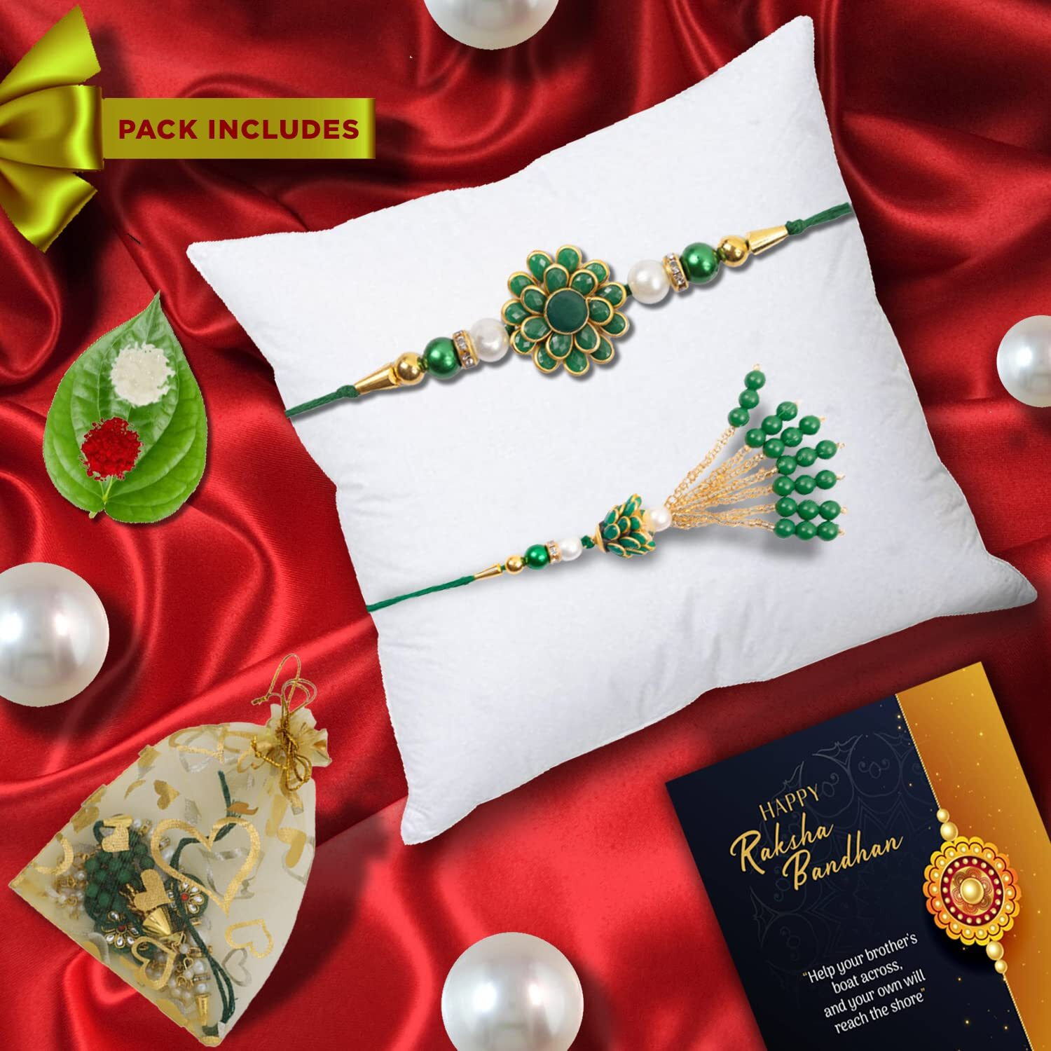 Kalakriti Unisex-Adult Rakhi For Brother And Bhabhi Combo Set Of 2 Lumba Bracelet For Bhabhi With Roli Chawal, Raksha Bandhan Greeting Card And Printed Potli Bag (Rakhi 5)