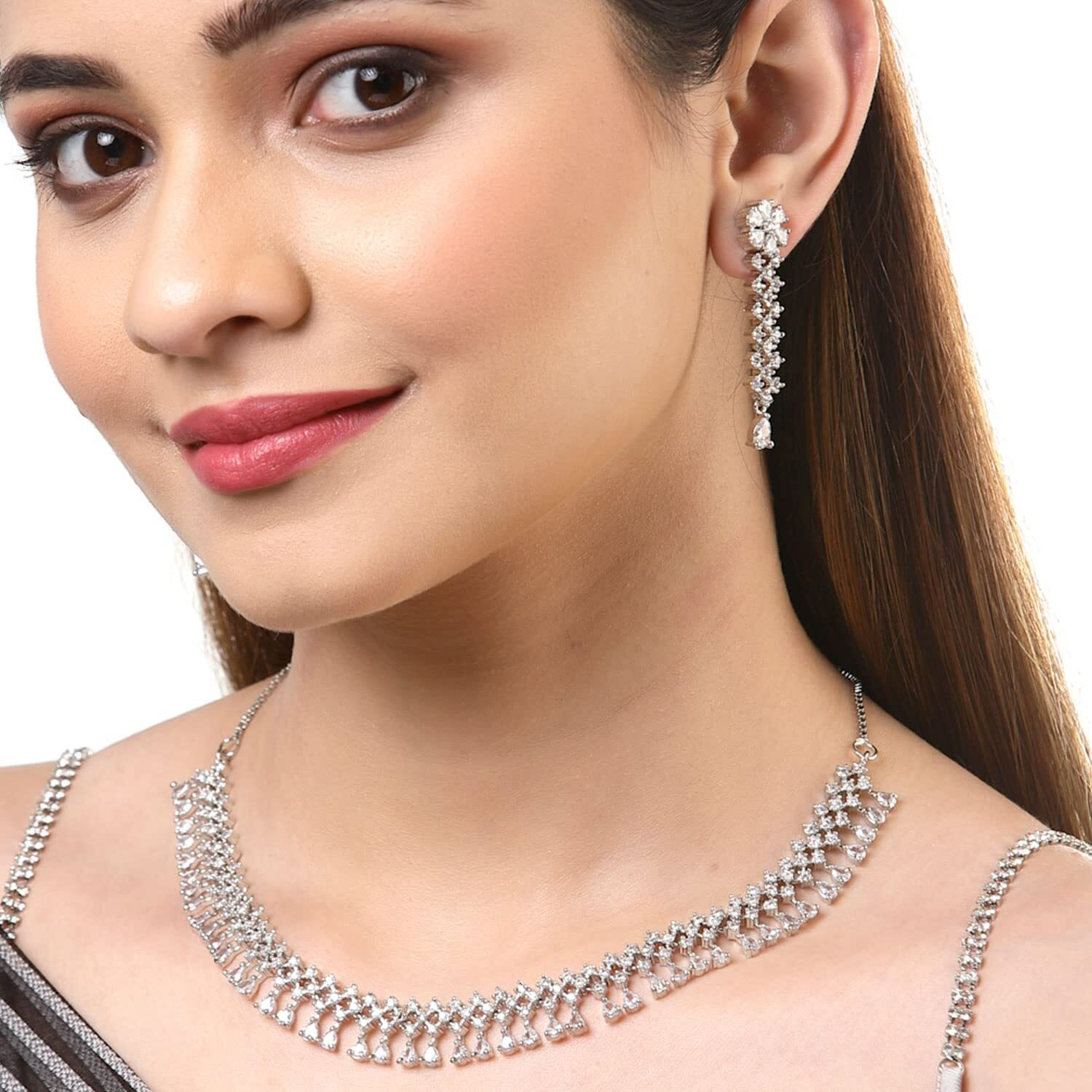 ZENEME Rhodium-plated necklace, has pink AD-studded detail, secured with a Fish-Hook closure (White) For Unisex Adult