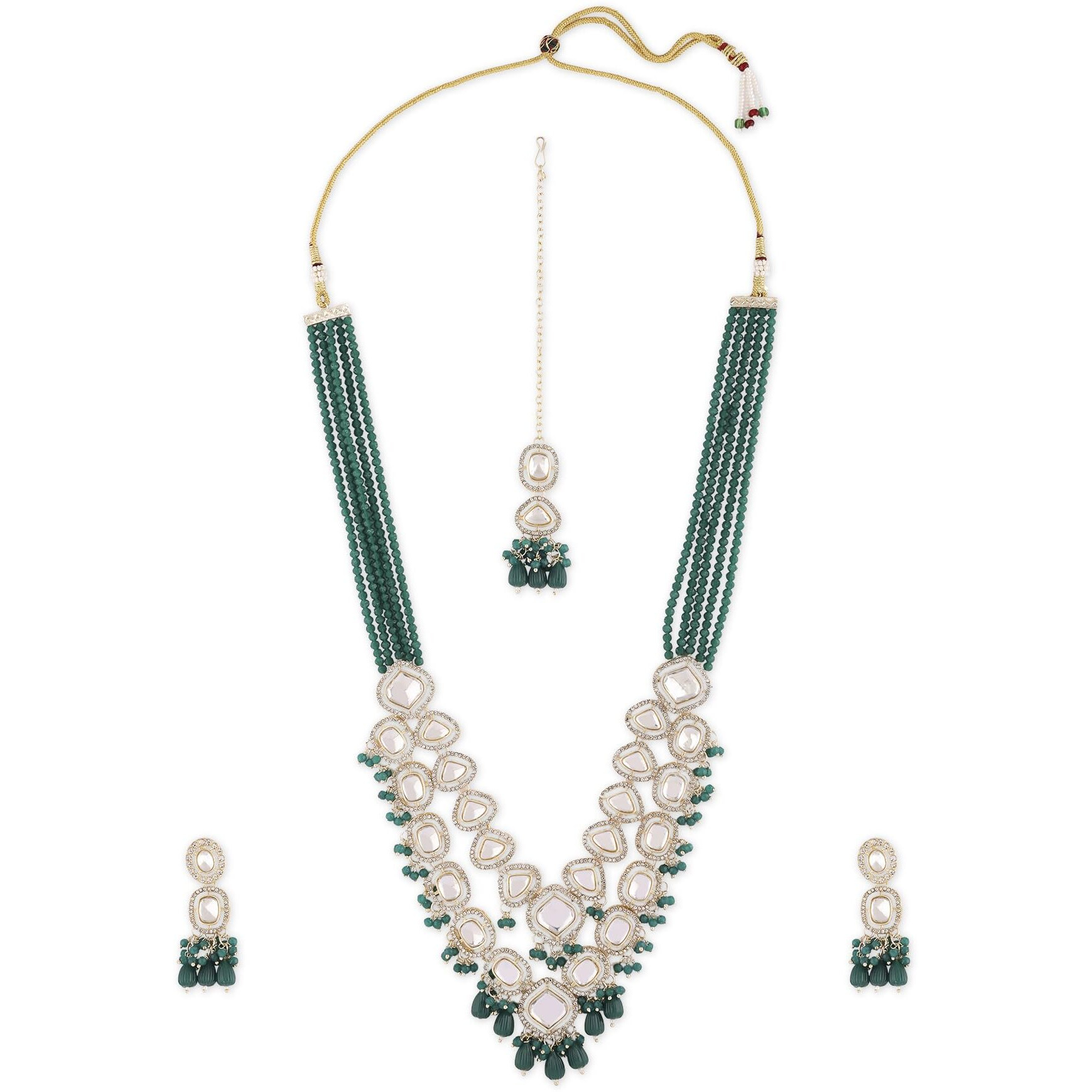 ZAVERI PEARLS Green Multistrand Crystal Austrian Diamonds Artificial Stones & Beads Bridal Necklace Earring & Maangtikka Set For Women-ZPFK16920