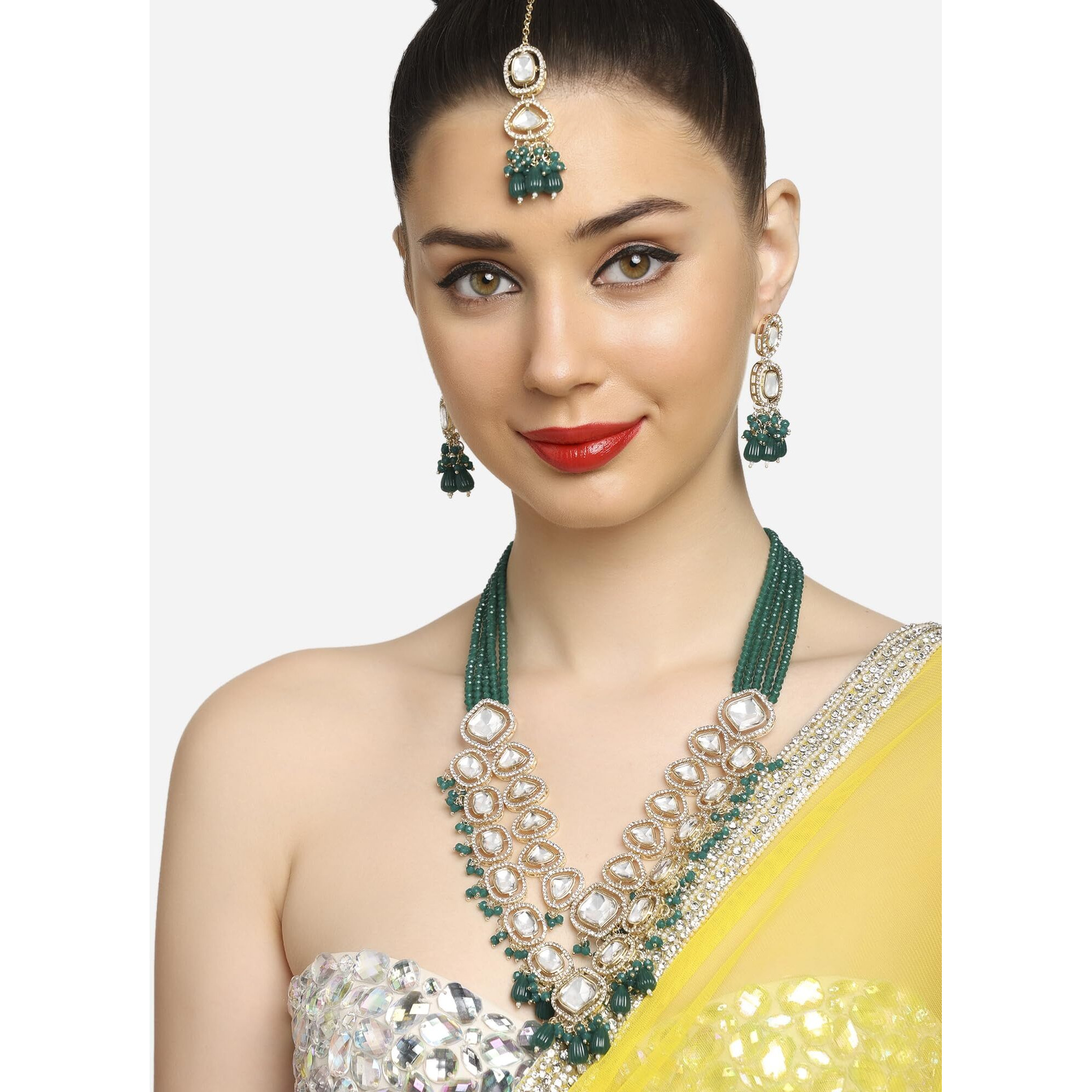 ZAVERI PEARLS Green Multistrand Crystal Austrian Diamonds Artificial Stones & Beads Bridal Necklace Earring & Maangtikka Set For Women-ZPFK16920