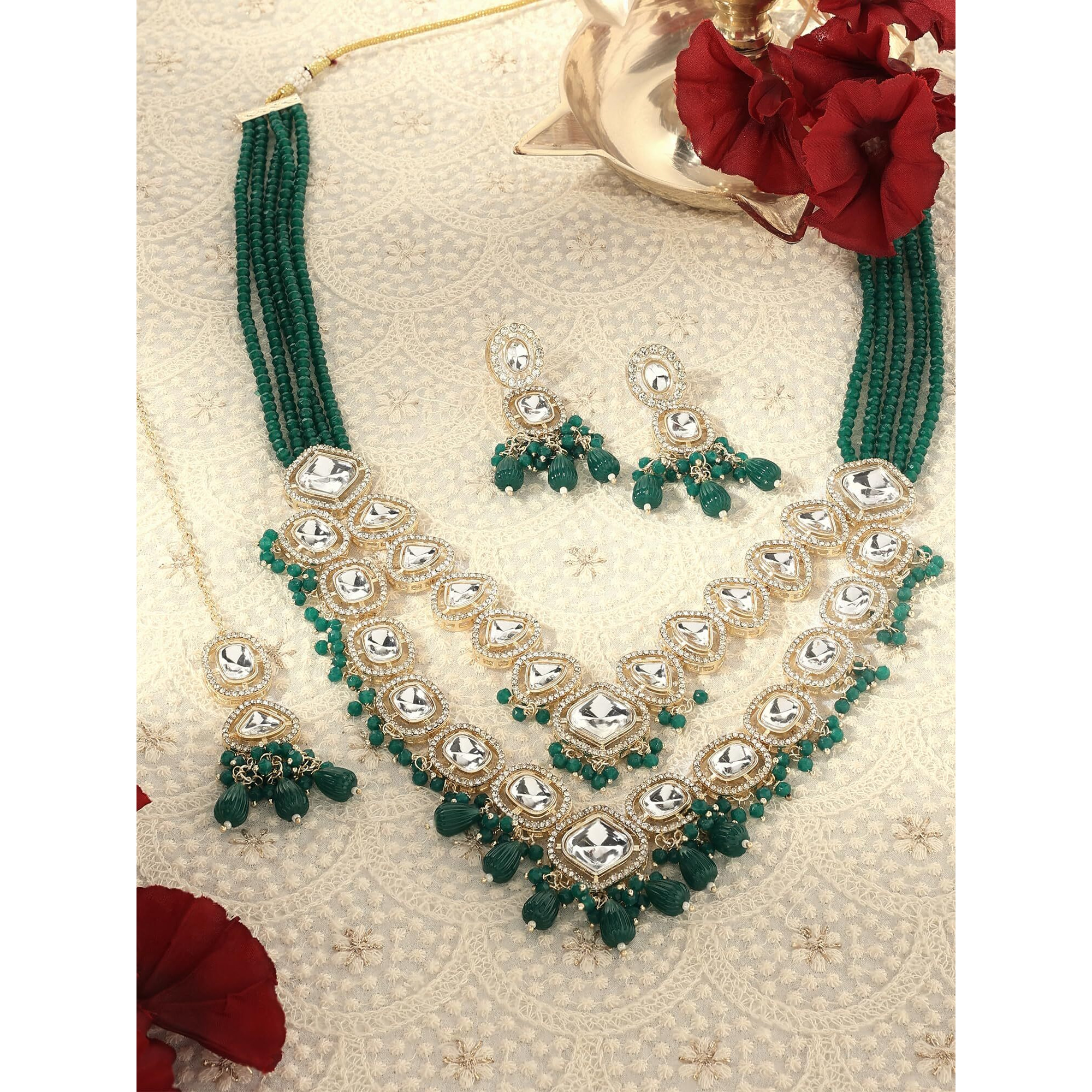 ZAVERI PEARLS Green Multistrand Crystal Austrian Diamonds Artificial Stones & Beads Bridal Necklace Earring & Maangtikka Set For Women-ZPFK16920