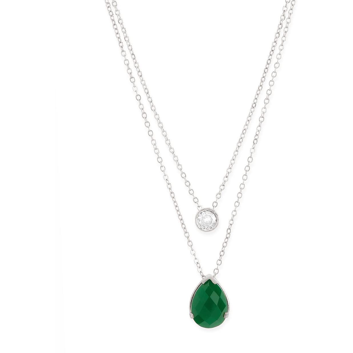 MINUTIAE Double Layered Chain Necklace With Diamond Pendant With Austrian Cubic Zirconia For Women And Girls With Extendable Chain (Silver)