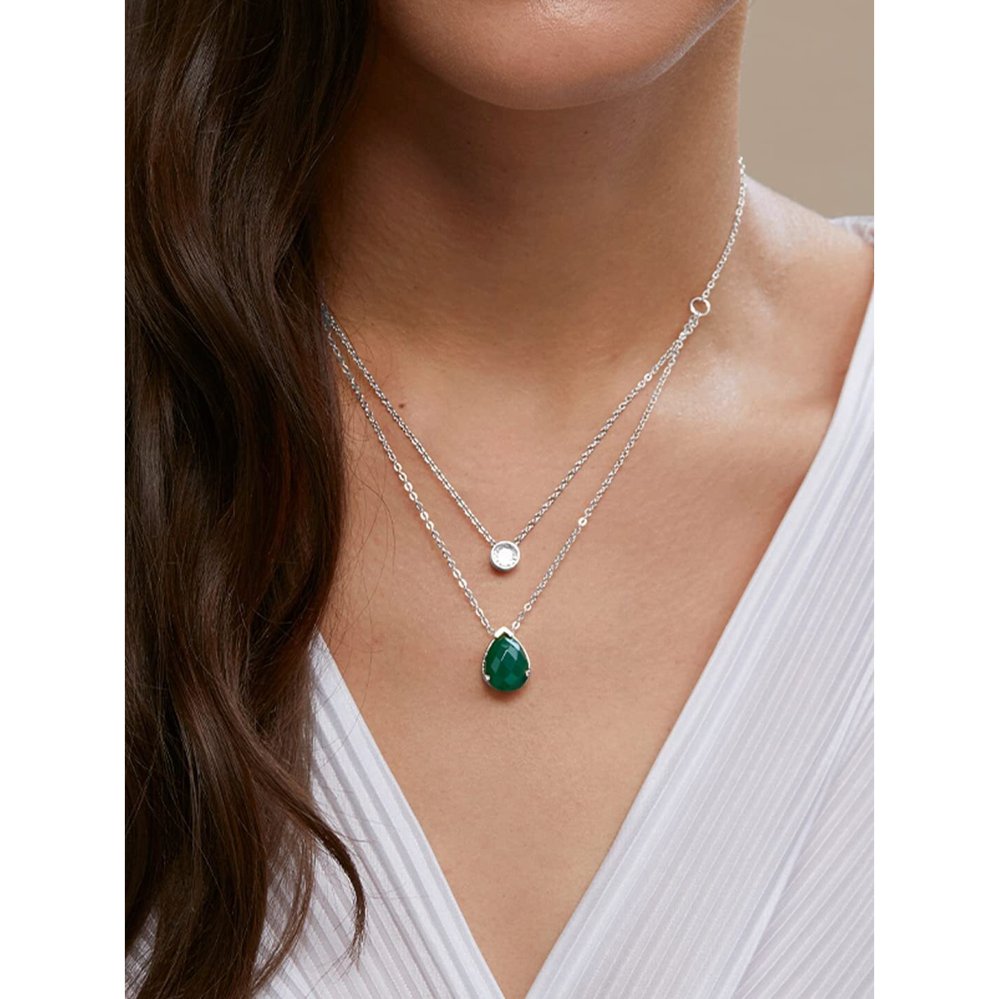 MINUTIAE Double Layered Chain Necklace With Diamond Pendant With Austrian Cubic Zirconia For Women And Girls With Extendable Chain (Silver)