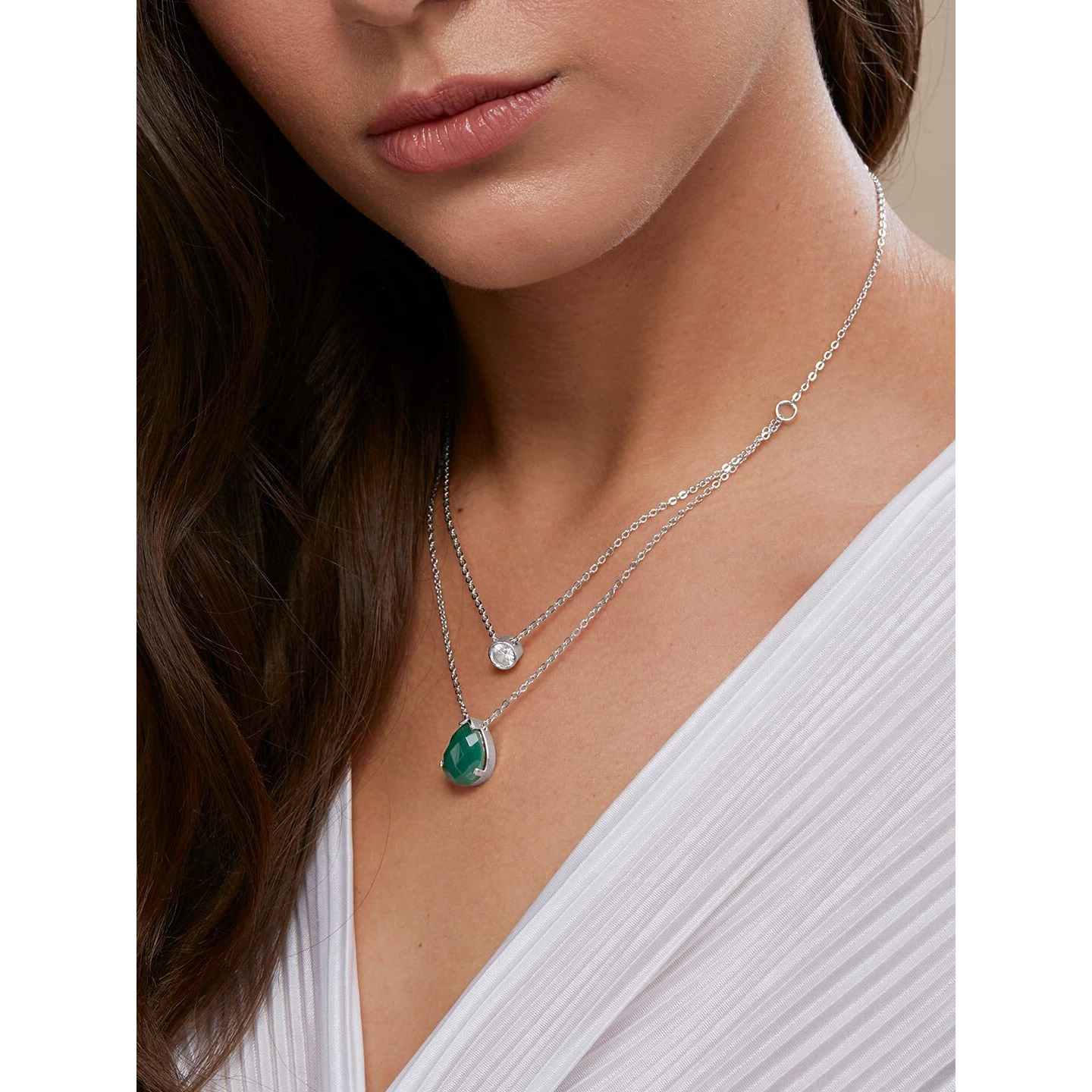 MINUTIAE Double Layered Chain Necklace With Diamond Pendant With Austrian Cubic Zirconia For Women And Girls With Extendable Chain (Silver)
