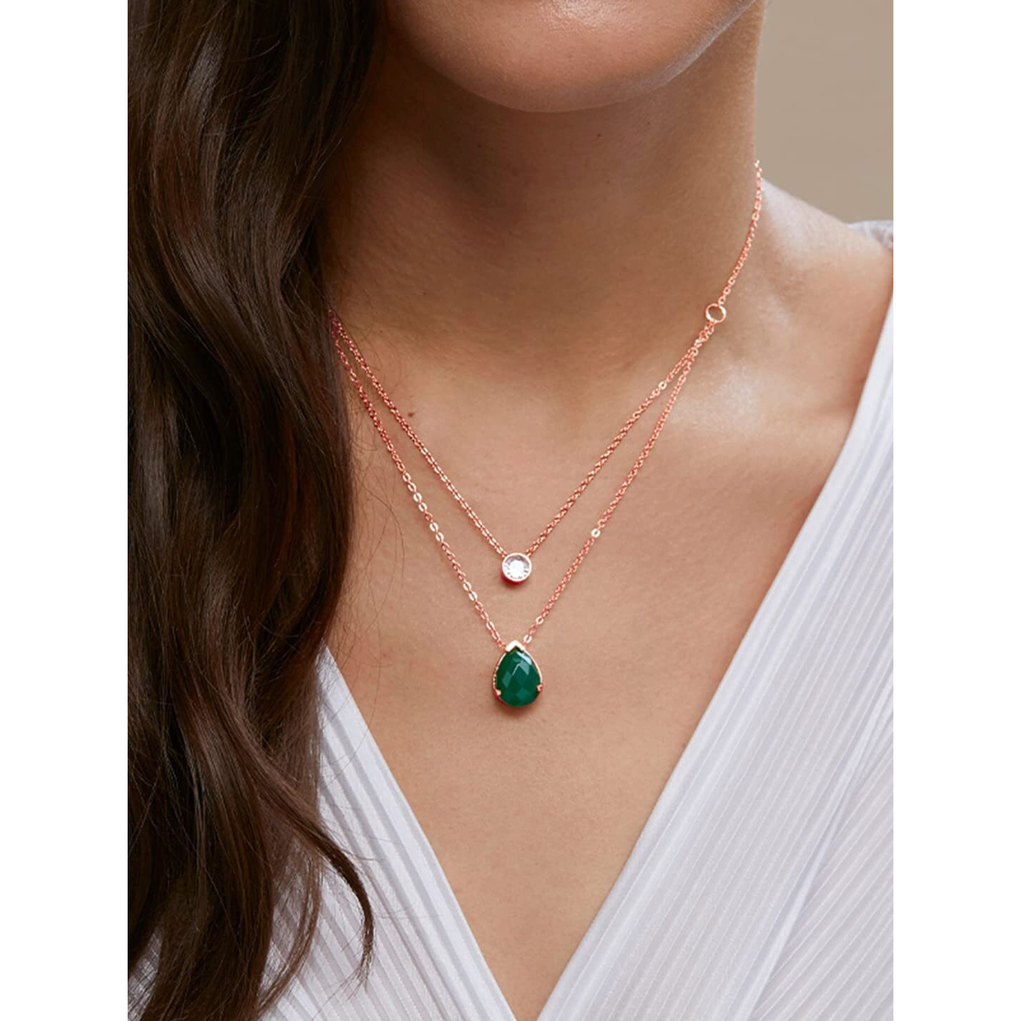 MINUTIAE Double Layered Chain Necklace With Diamond Pendant With Austrian Cubic Zirconia For Women And Girls With Extendable Chain (Rose Gold)