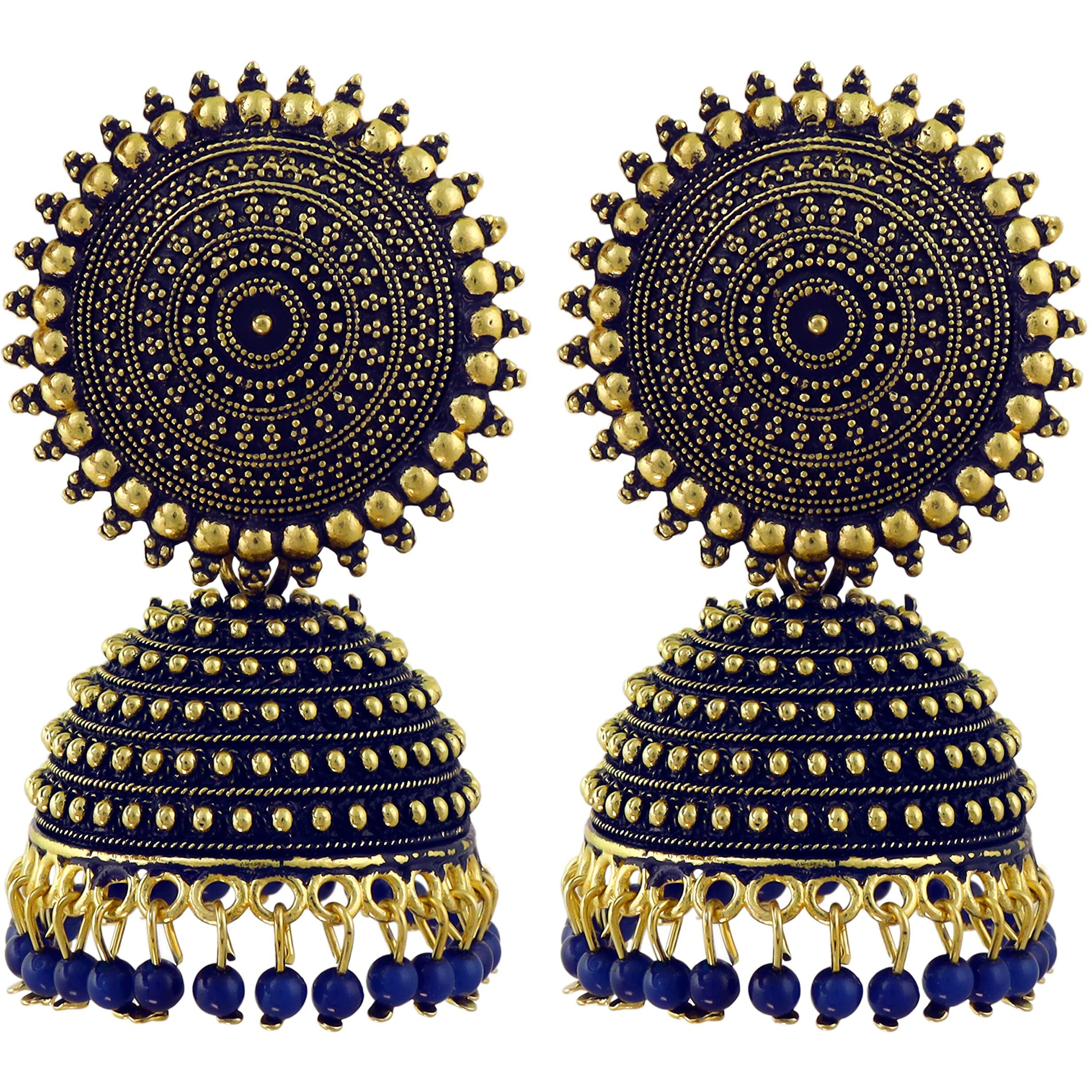 Fashion Frill Mesmerizing Traditional Gold Plated Floral Golden Pink Jhumkas Pearl Studded Earrings For Women Girls (Blue)
