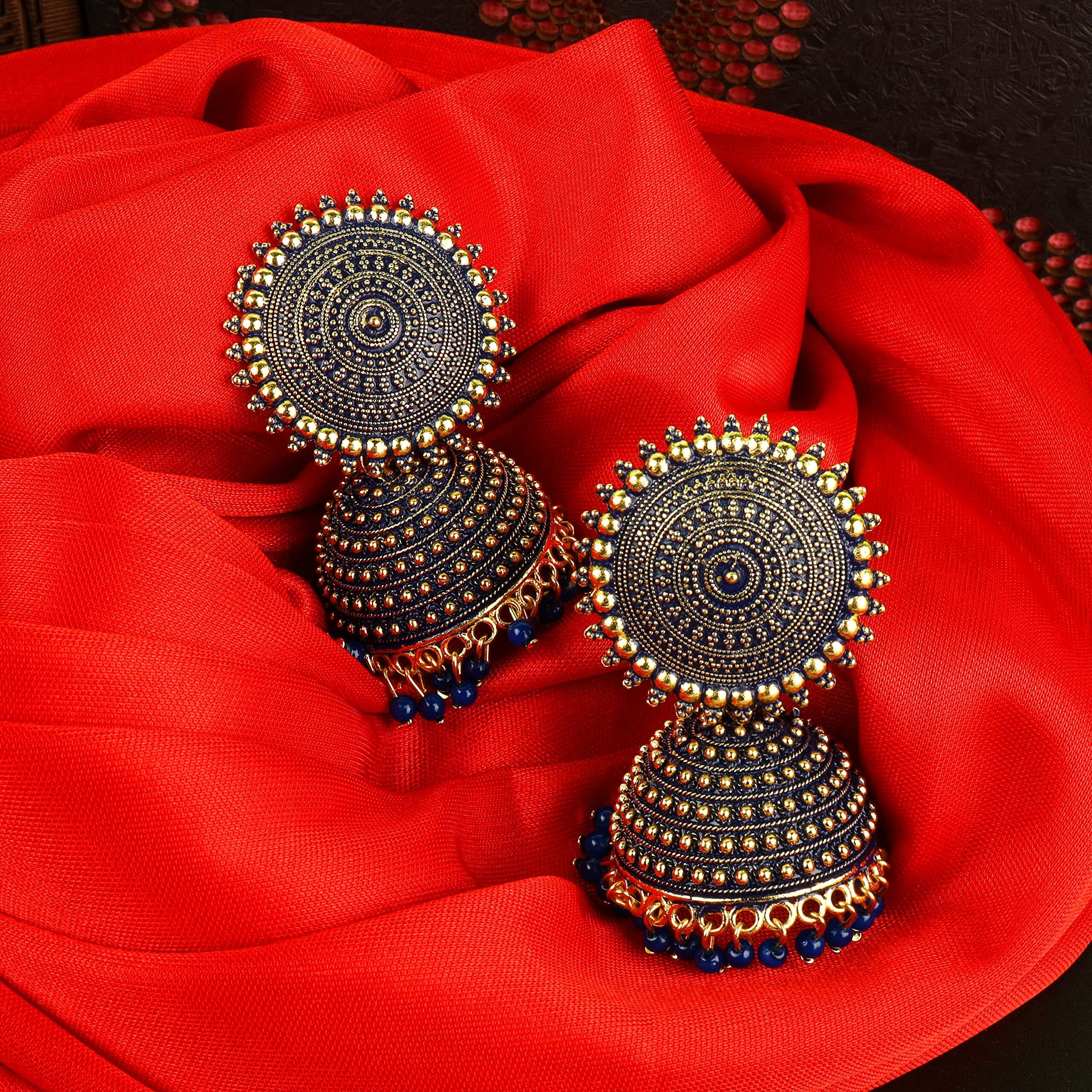 Fashion Frill Mesmerizing Traditional Gold Plated Floral Golden Pink Jhumkas Pearl Studded Earrings For Women Girls (Blue)