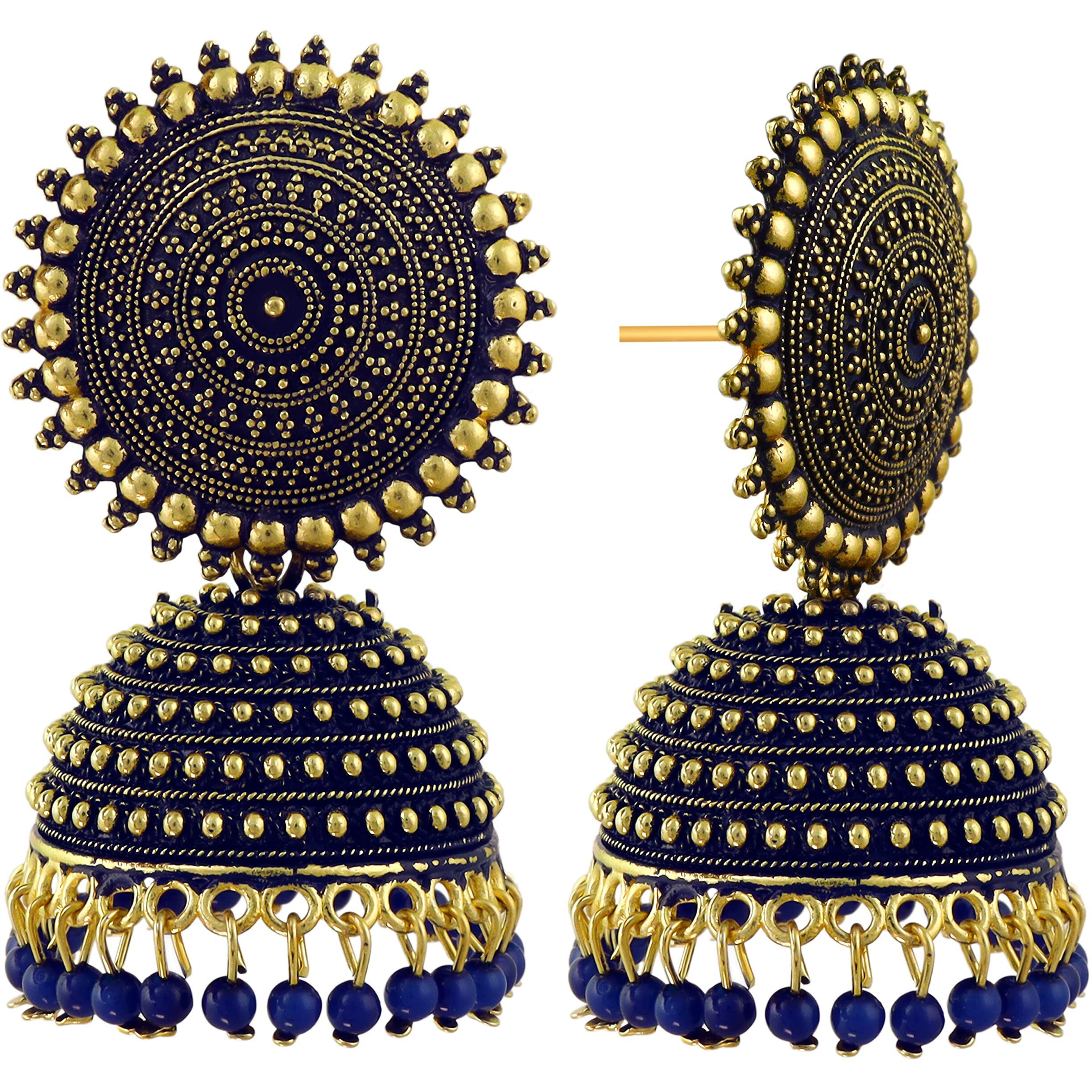Fashion Frill Mesmerizing Traditional Gold Plated Floral Golden Pink Jhumkas Pearl Studded Earrings For Women Girls (Blue)