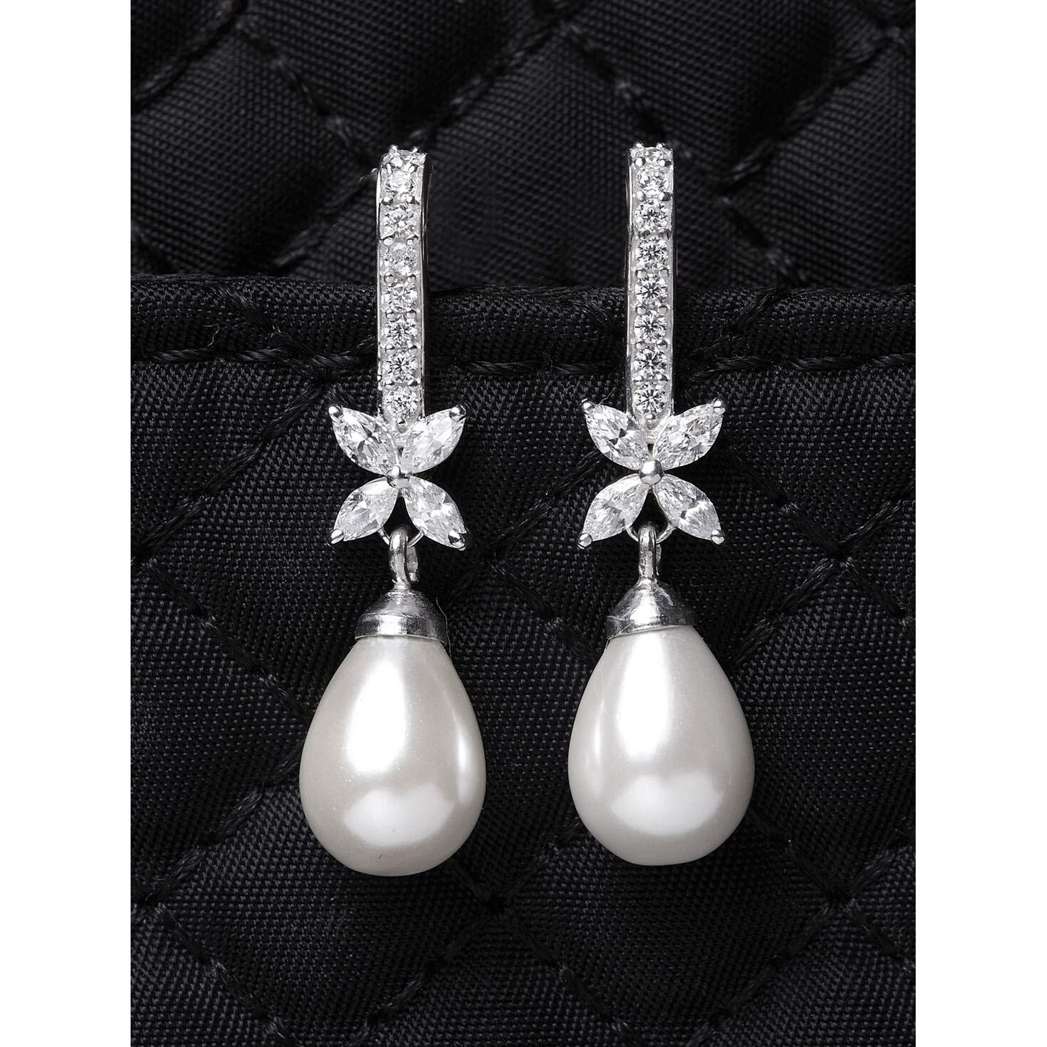 CLARA 925 Sterling Silver Pearl Hina Earrings | Rhodium Plated, Swiss Zirconia, Screw Back | Gift for Women & Girls