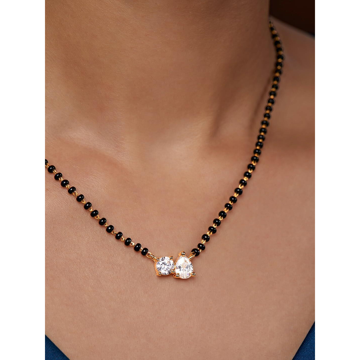 MINUTIAE Stylish AD Pendant Necklace Black Beads Mangalsutra For Women With Extendable Chain (Gold)