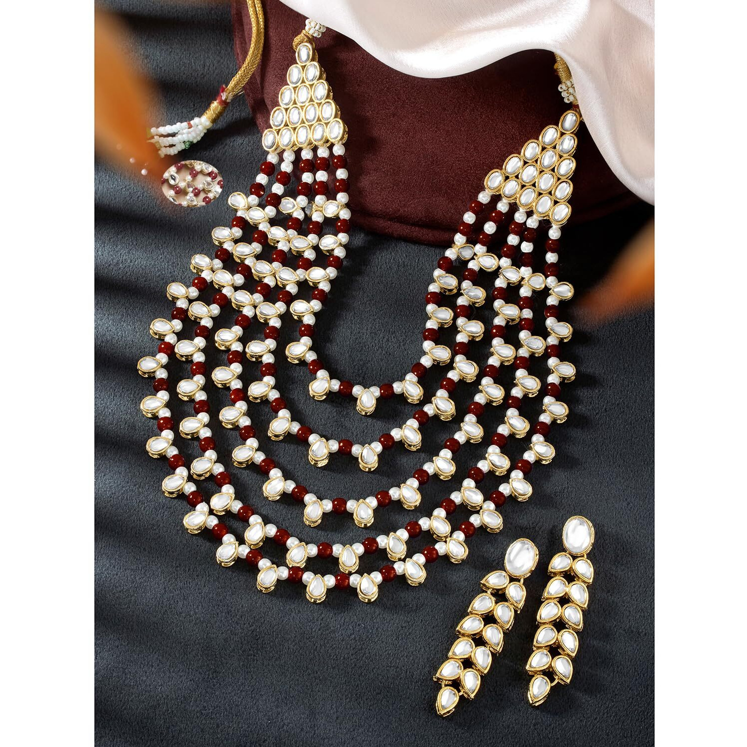 Peora Gold Plated Maroon White Pearl Kundan Layered Necklace Earring Jewellery Set For Unisex Adult