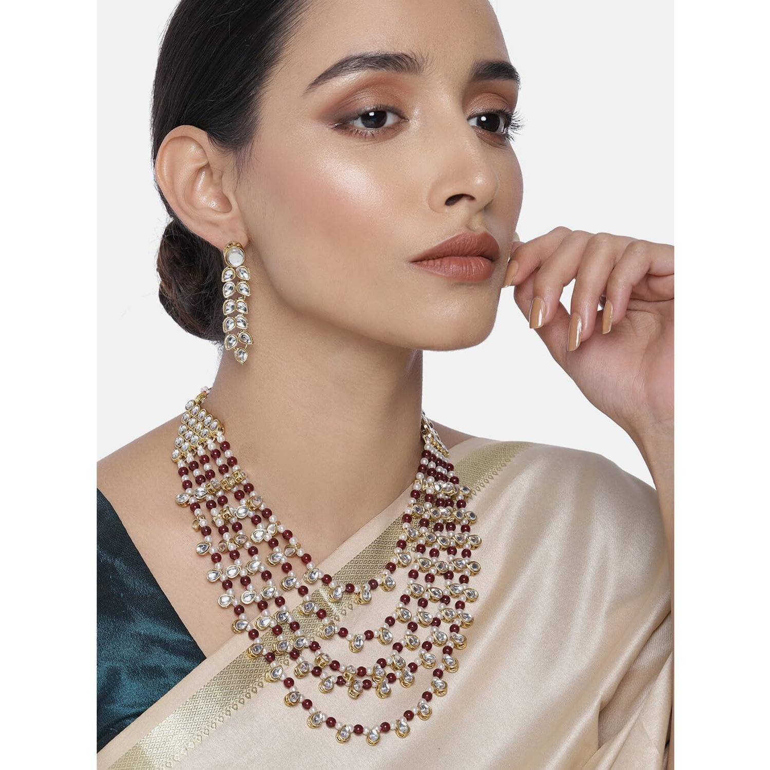 Peora Gold Plated Maroon White Pearl Kundan Layered Necklace Earring Jewellery Set For Unisex Adult