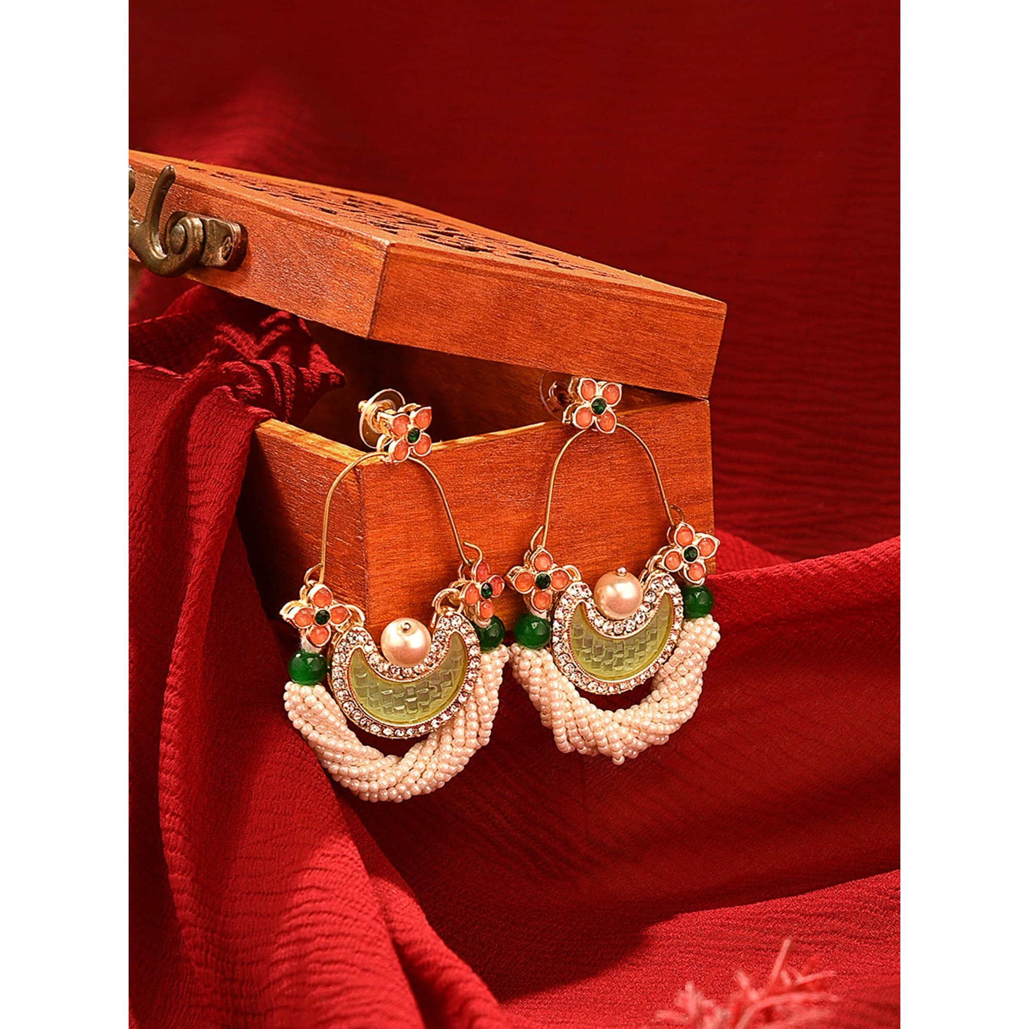 Zaveri Pearls Green & Peach Dazzling Stones Cresent Ethnic Dangle Earring For Women -ZPFK16397