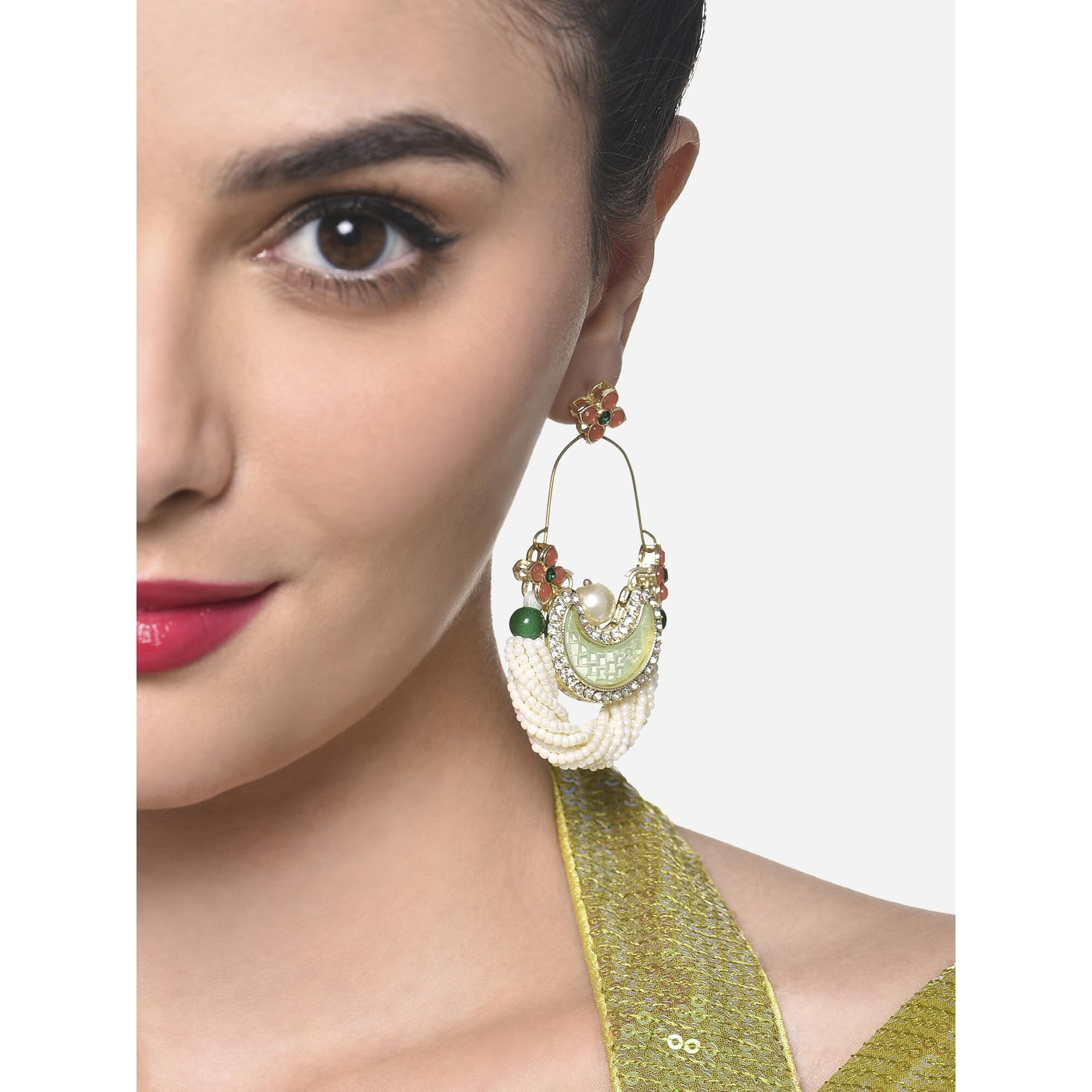 Zaveri Pearls Green & Peach Dazzling Stones Cresent Ethnic Dangle Earring For Women -ZPFK16397