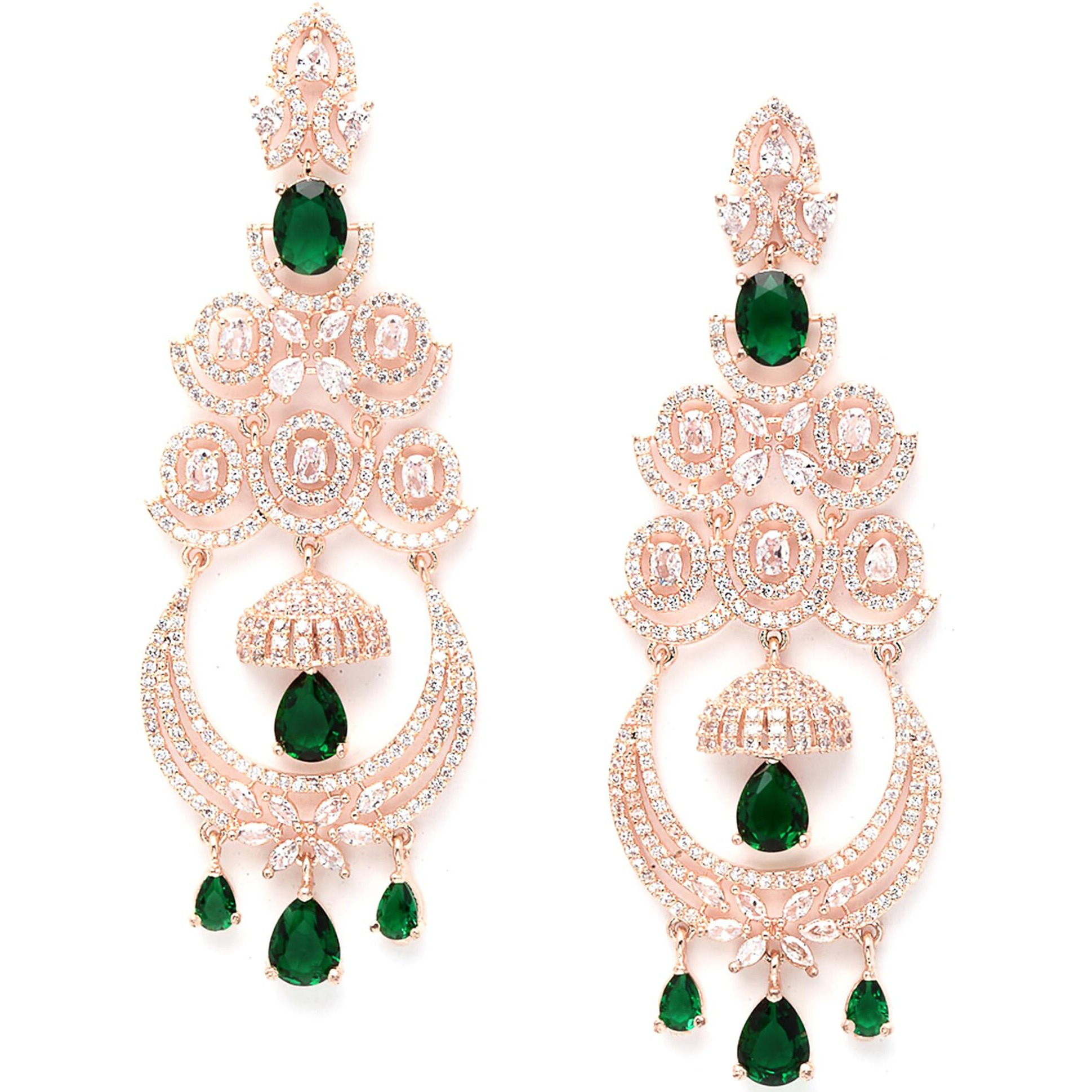 Zeneme Floral Shaped American Diamond Dangle Chandelier Earring For Women And Girls (Green RoseGold)