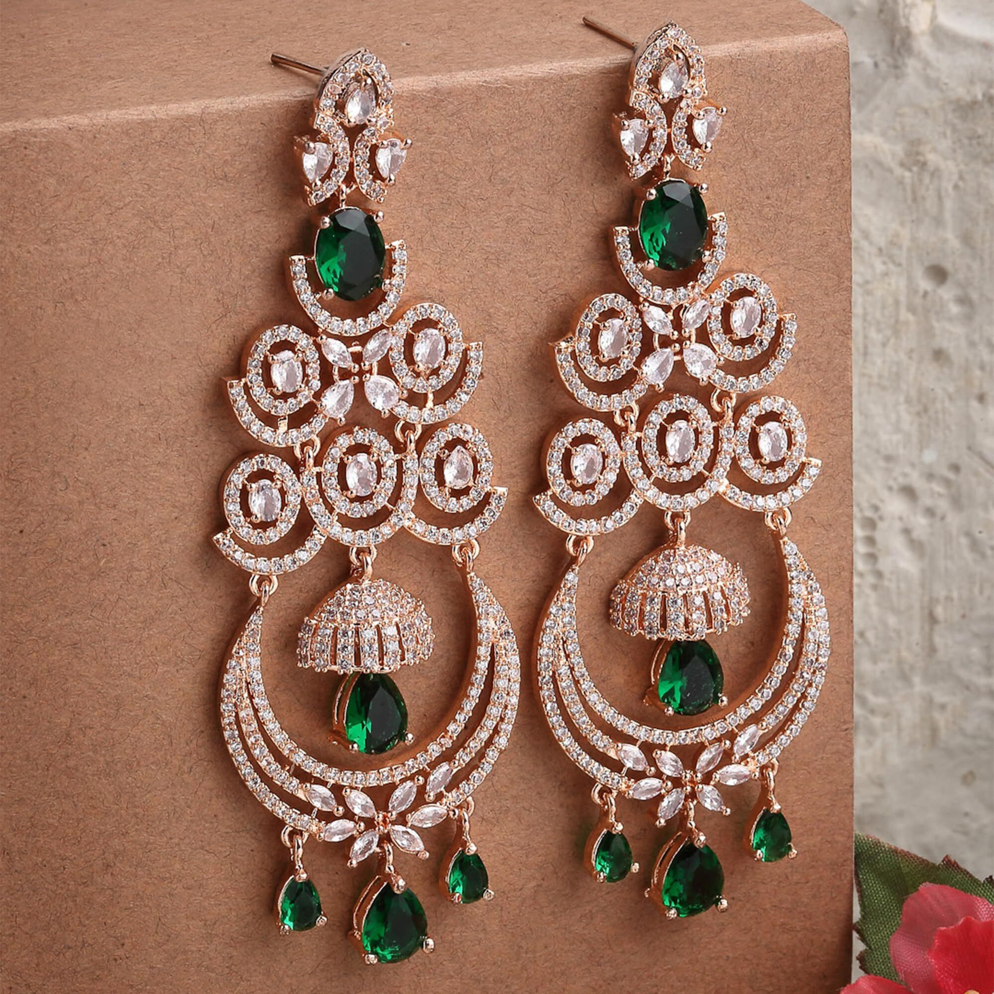 Zeneme Floral Shaped American Diamond Dangle Chandelier Earring For Women And Girls (Green RoseGold)