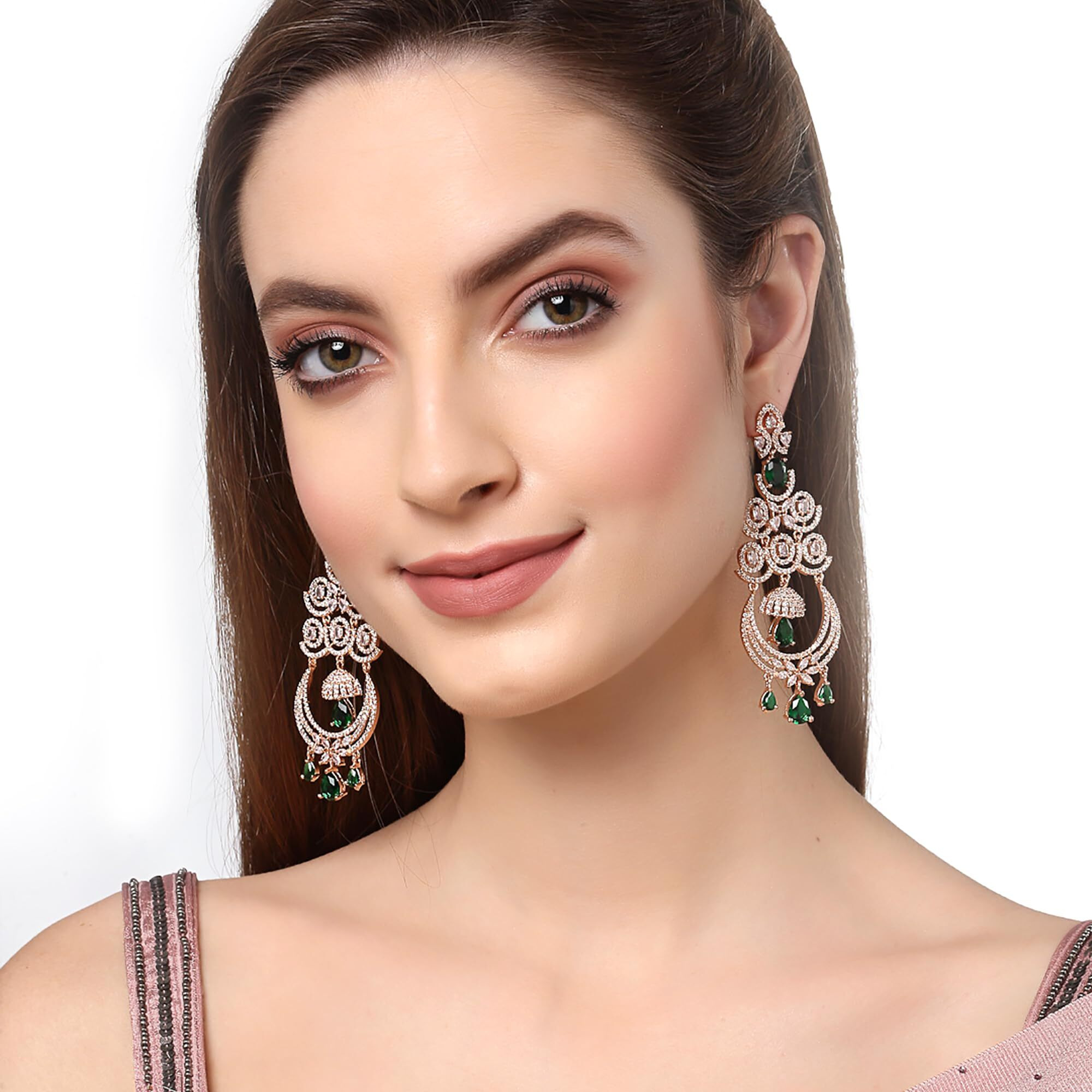 Zeneme Floral Shaped American Diamond Dangle Chandelier Earring For Women And Girls (Green RoseGold)